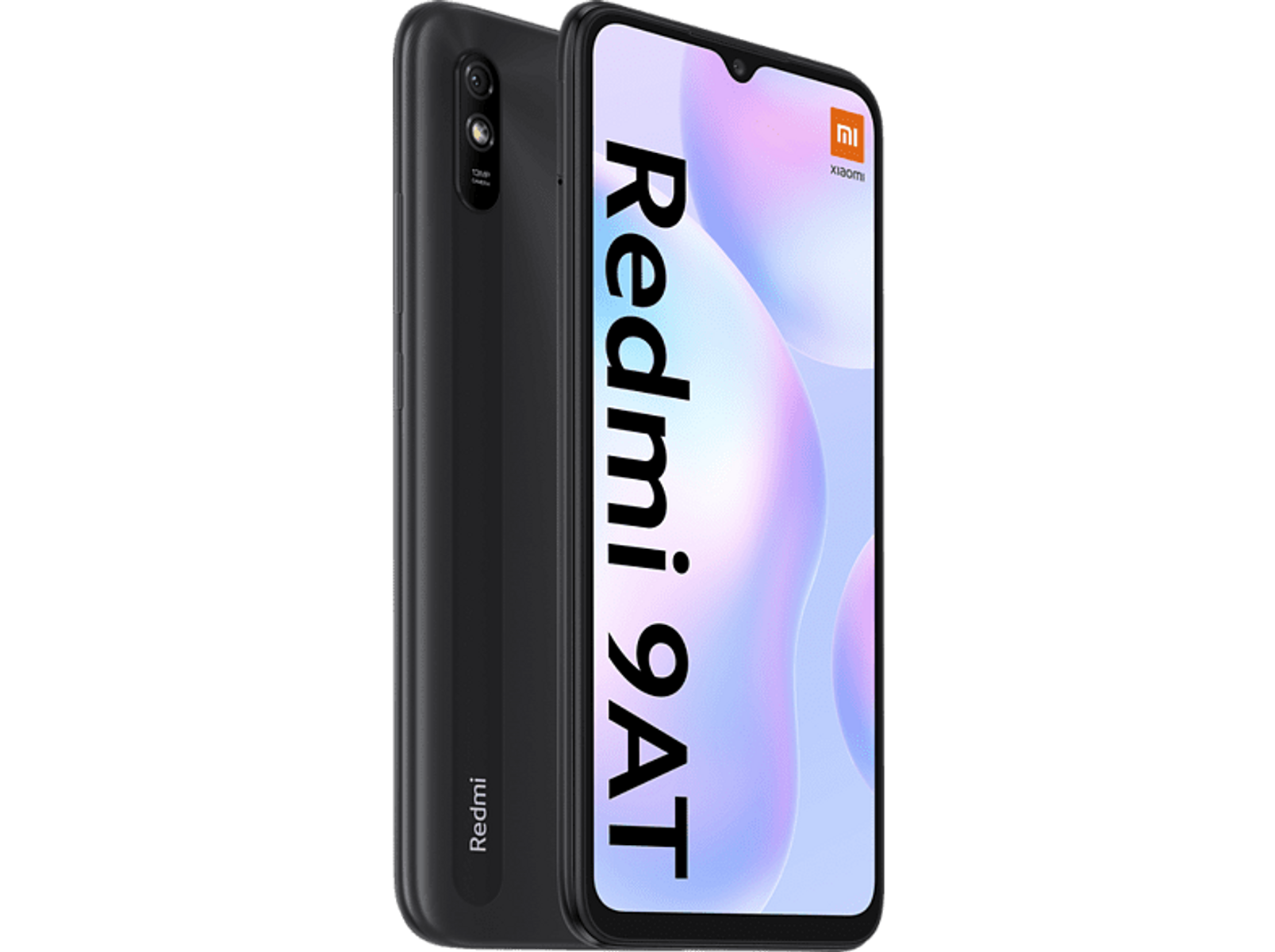 Czarny telefon Redmi 9AT. Ekran wyświetla tekst Redmi 9AT. Widoczny tylny aparat.