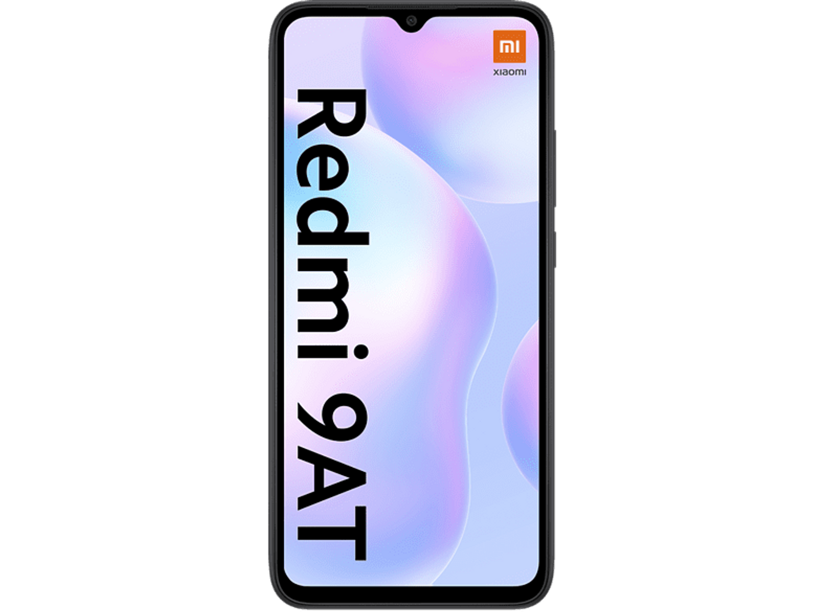 Smartfon ze słowami 'Redmi 9AT' na ekranie i logo Xiaomi.