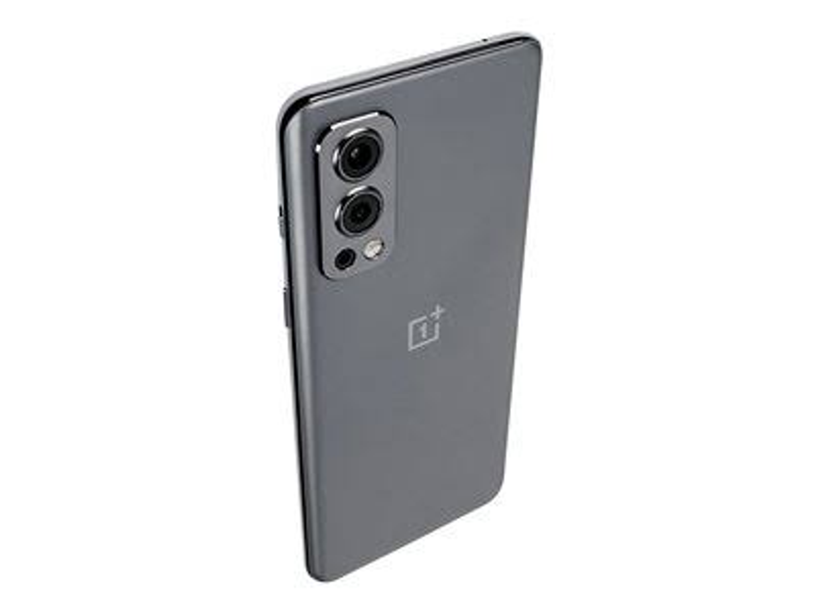 Grijze smartphone, achteraanzicht. Toont dubbele camera's, een logo en een strak, minimalistisch ontwerp.