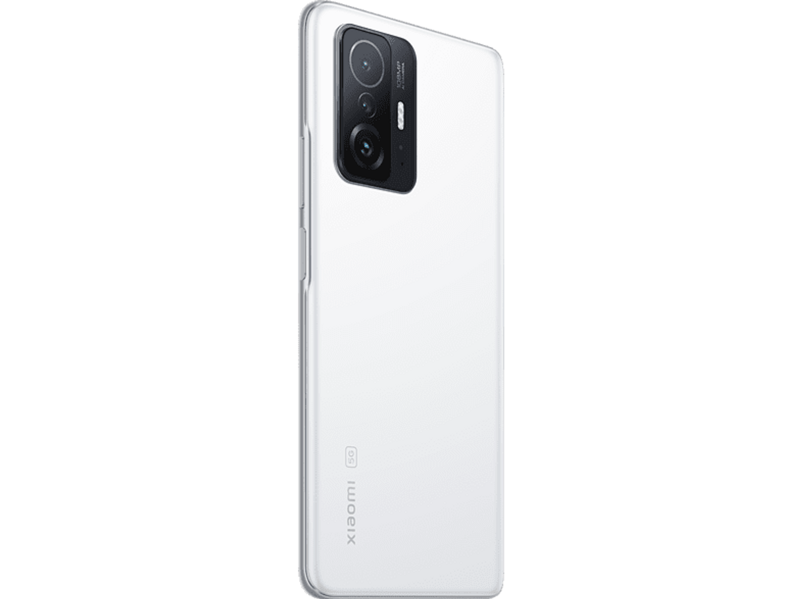 Biały telefon z trzema aparatami, logo Xiaomi i napisem 5G.