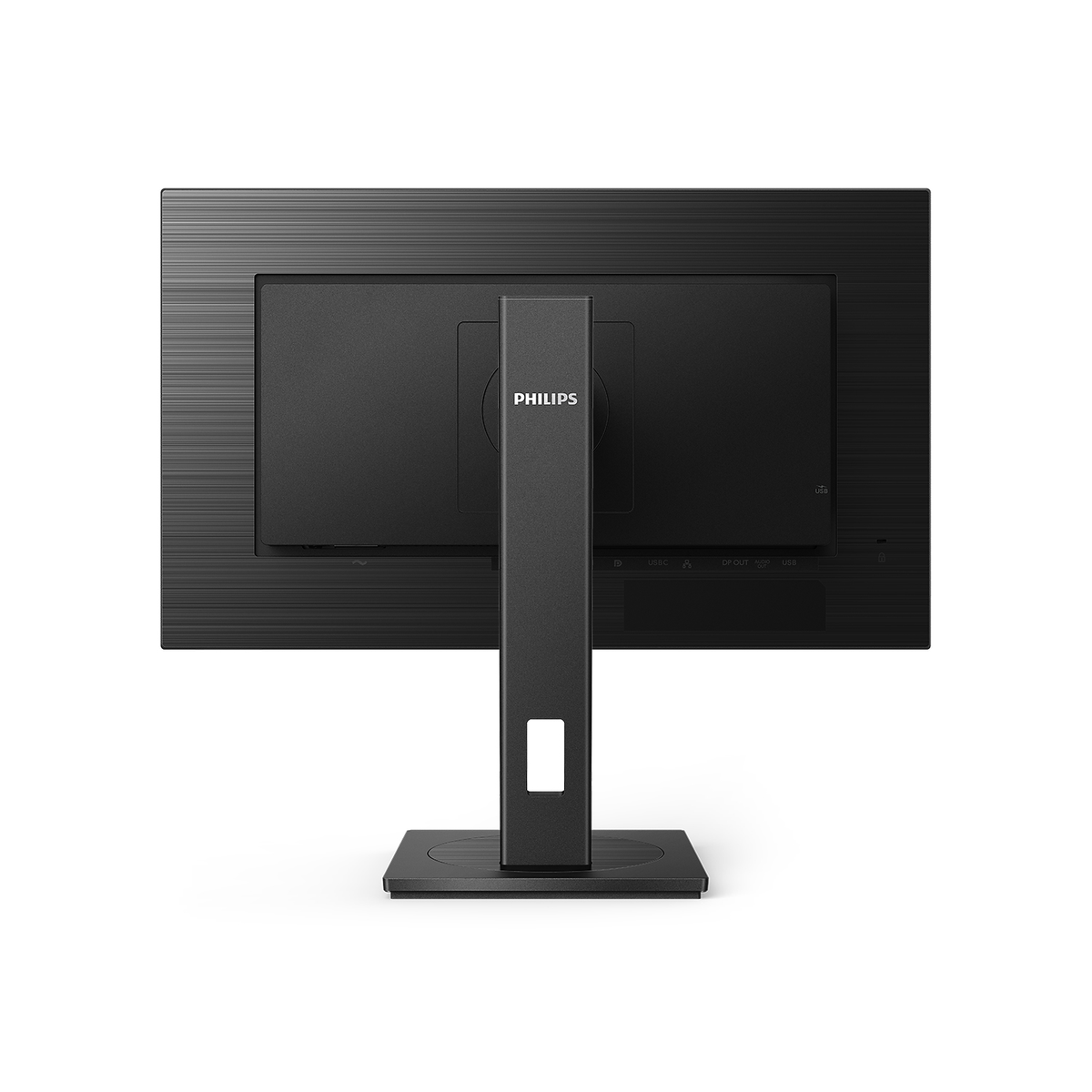 Retro di un monitor Philips nero con supporto, che mostra porte e base del supporto.