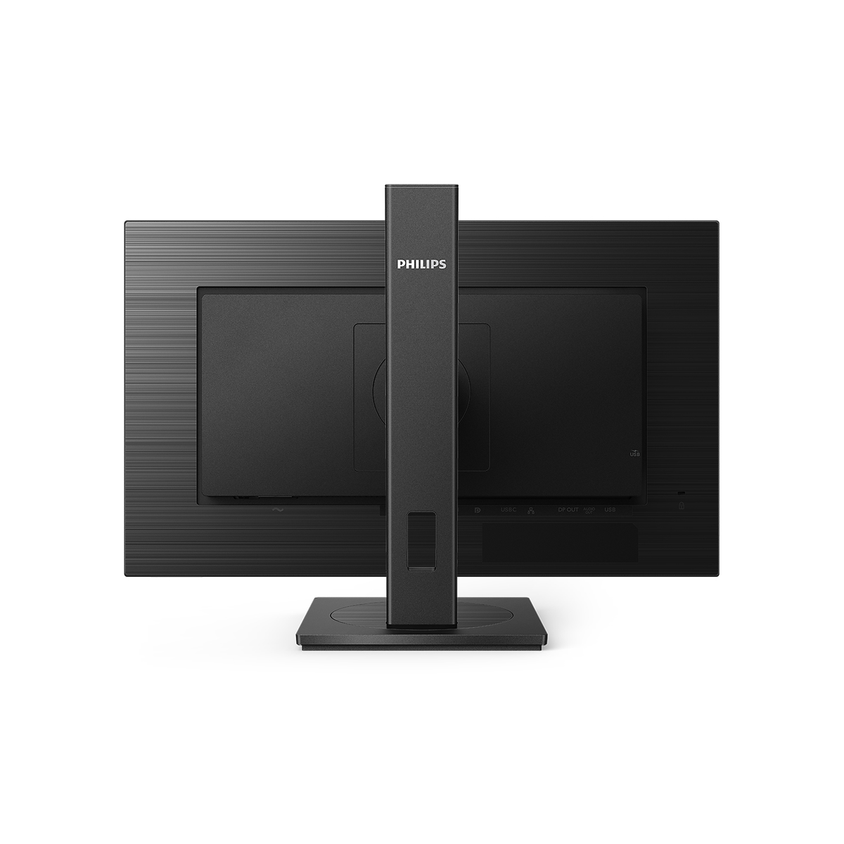 Monitor per computer nero, vista posteriore. Logo Philips, più porte. Design rettangolare.