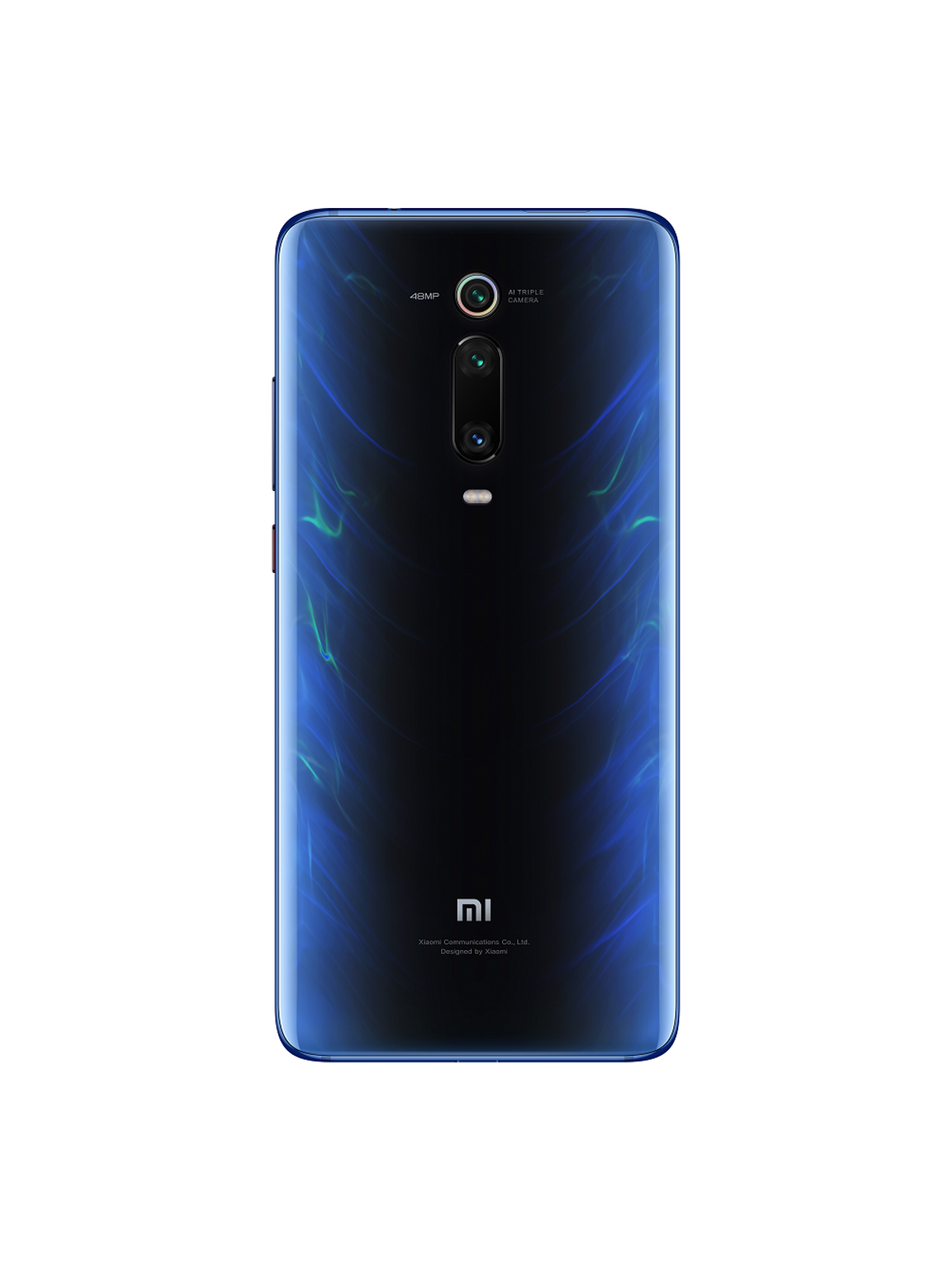 Rückseite eines blauen Xiaomi-Telefons mit Dreifachkamera und Mi-Logo.