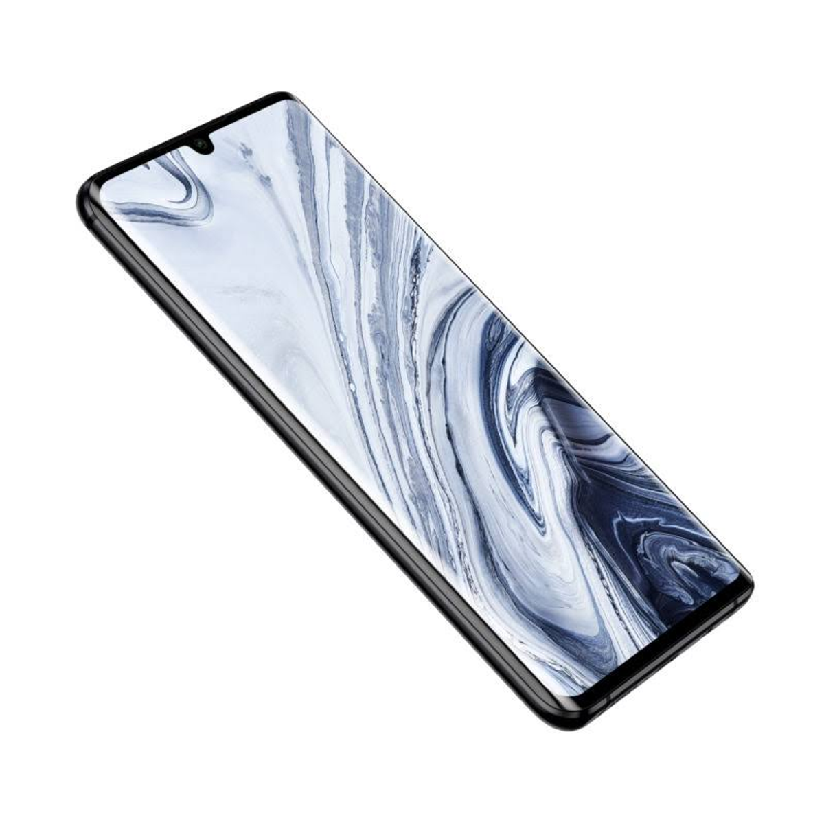 Schräge Ansicht eines schwarzen Smartphones. Display zeigt marmorähnliches Muster in Grautönen.