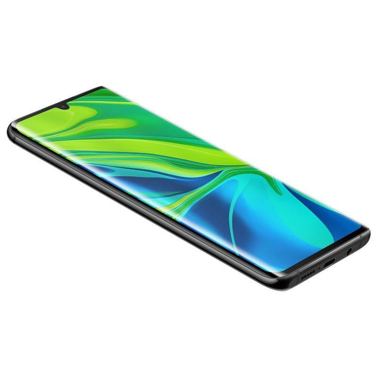 Smartphone mit gebogenem Bildschirm, angewinkelt. Der Bildschirm zeigt einen grünen und blauen Farbverlauf.