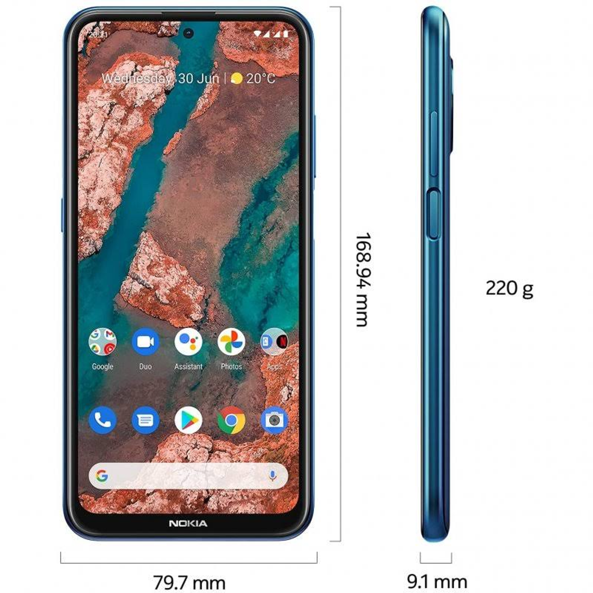 Nokia telefoon met app-iconen en datum. De telefoon is blauw, met afmetingen.