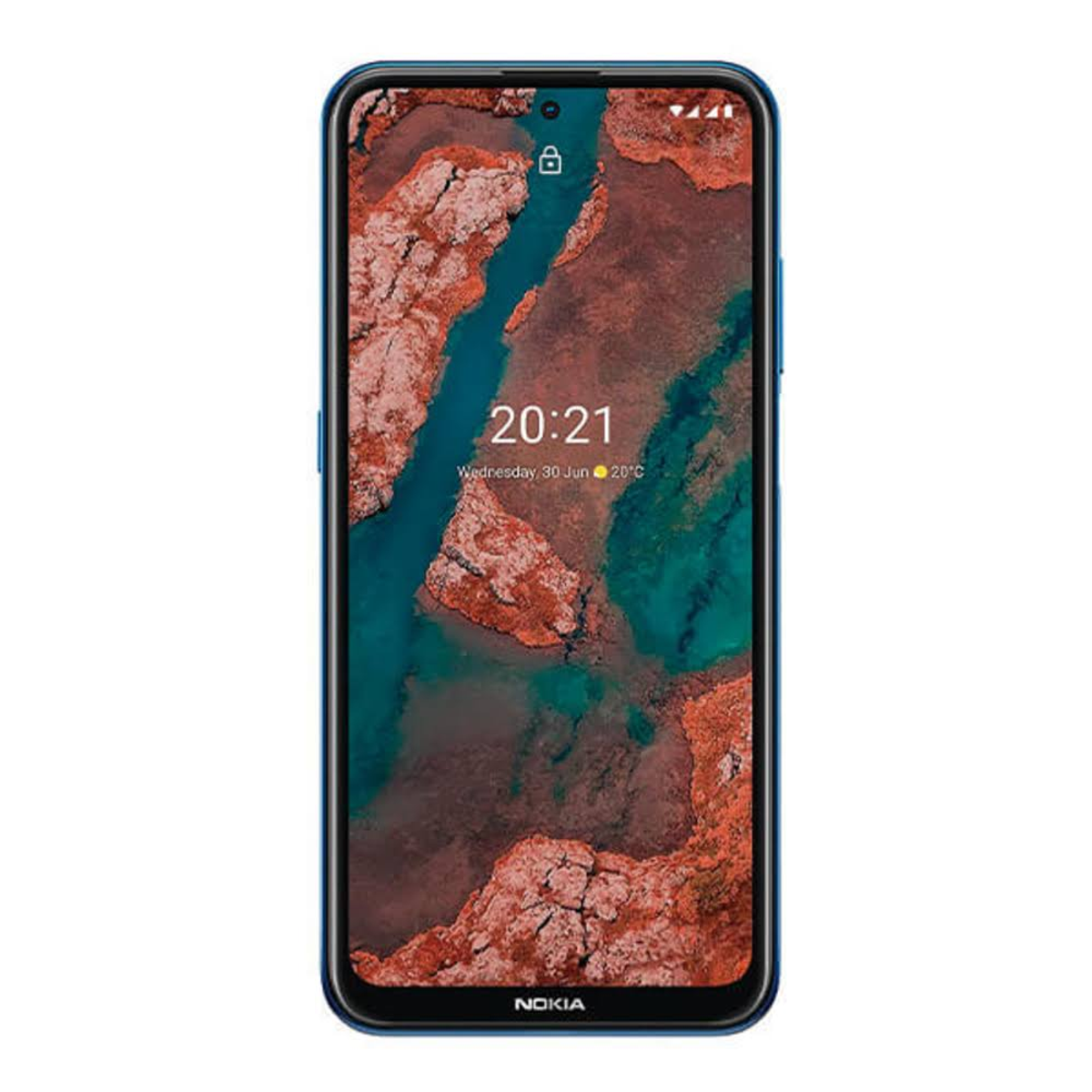 Een blauwe smartphone met de datum en tijd. De telefoon heeft een smalle rand en een blauwgroene achtergrond.
