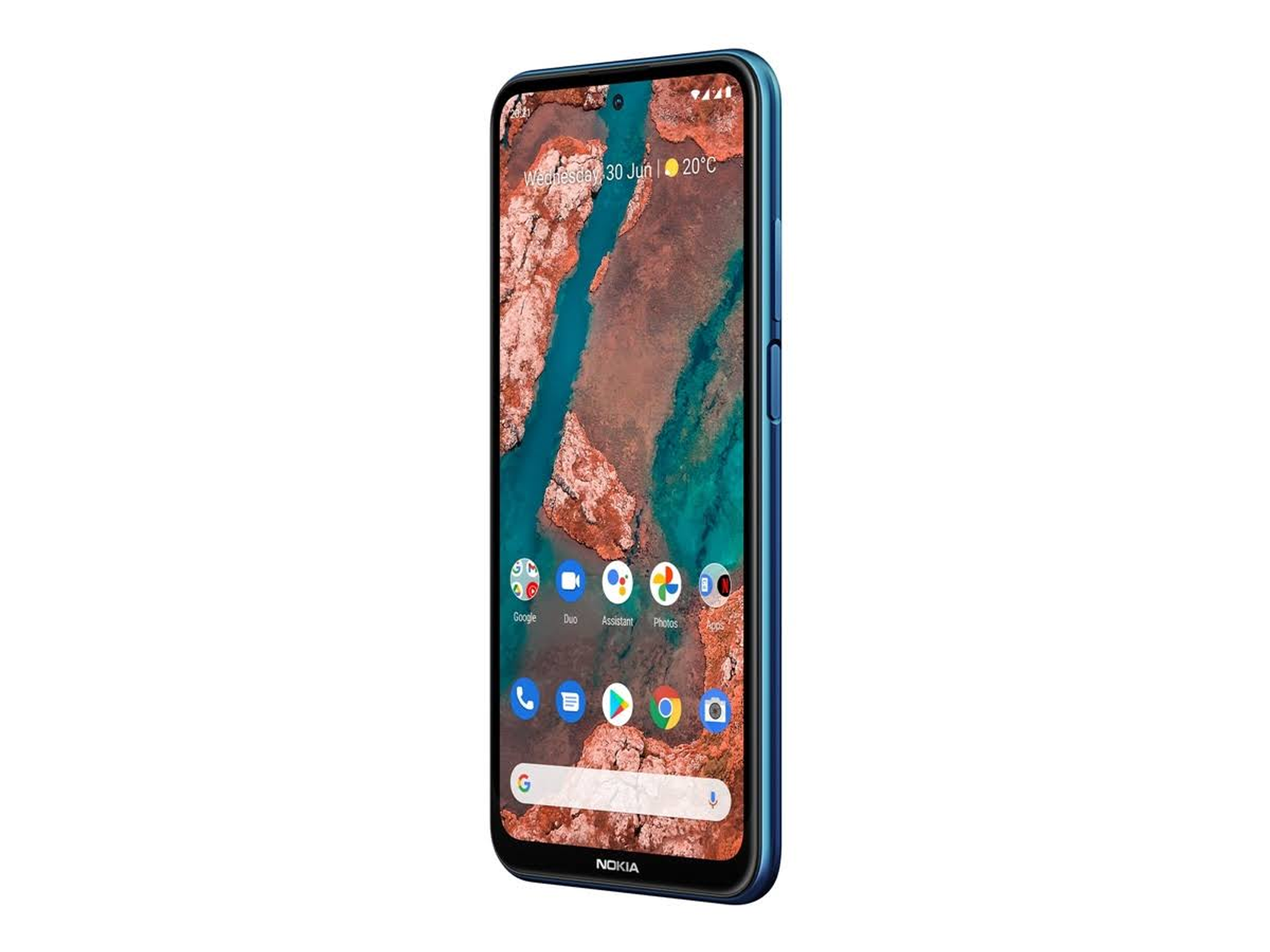 Een blauwe Nokia-smartphone, scherm met app-pictogrammen, schuine weergave, met een rivierlandschap.