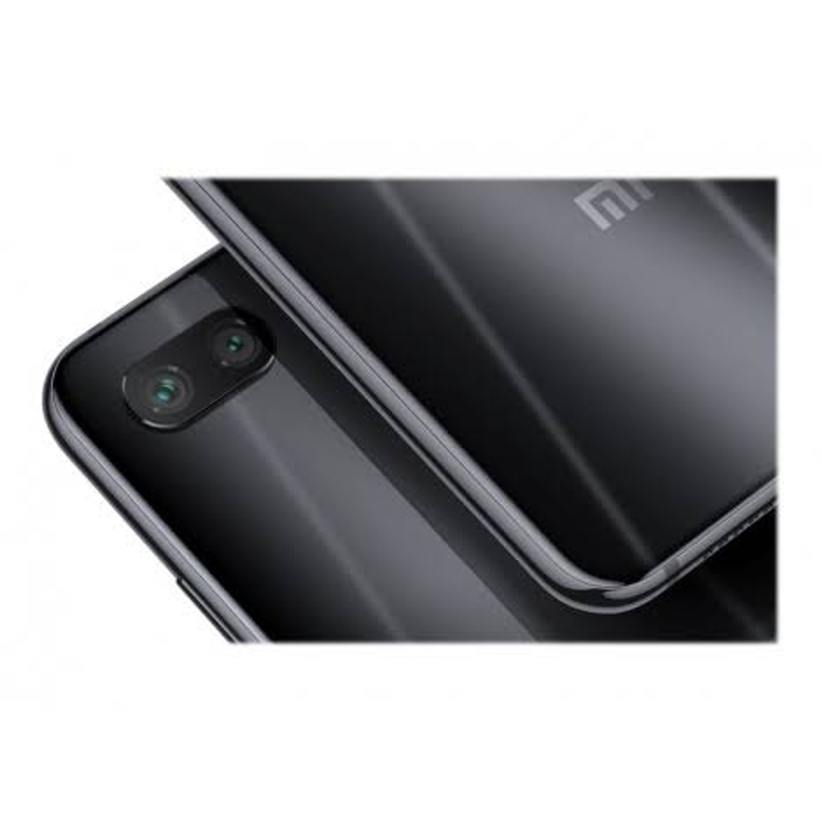 Dwa czarne smartfony, nachodzące na siebie, pokazujące aparaty. Górny telefon ma logo marki.