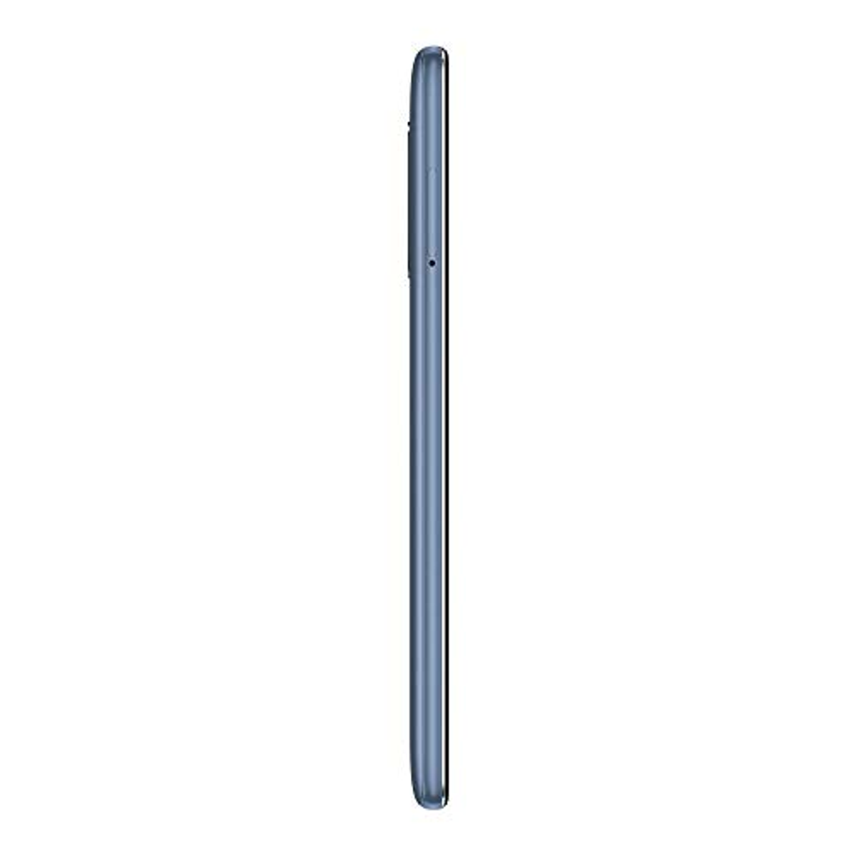Ein blaues Telefon, Seitenansicht, vor weißem Hintergrund. Schlankes und schlankes Design.