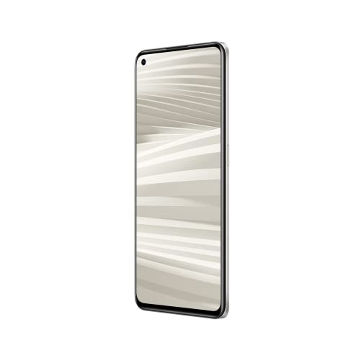 Silbernes Smartphone, Seitenansicht. Zeigt ein helles, abstraktes Muster.