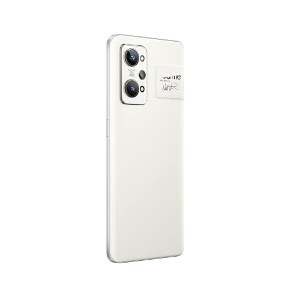 Weiße Realme GT2 Pro Telefonrückseite, Kameras und Unterschrift.