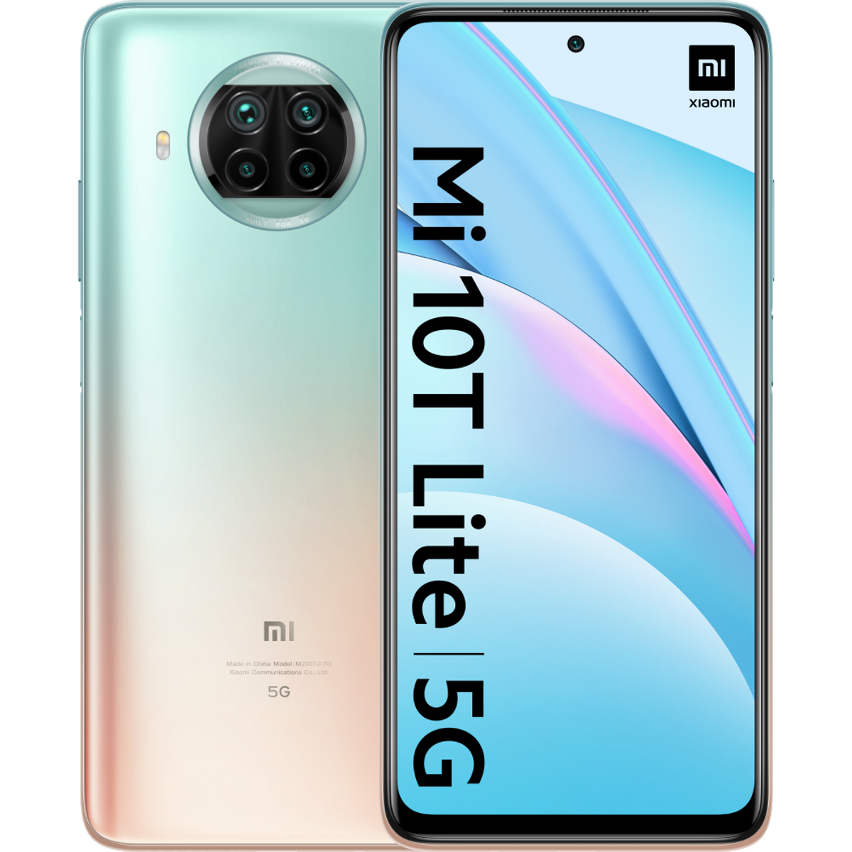 Telefon Mi 10T Lite 5G, gradient zielono-biały tył, czarny ekran z tekstem.