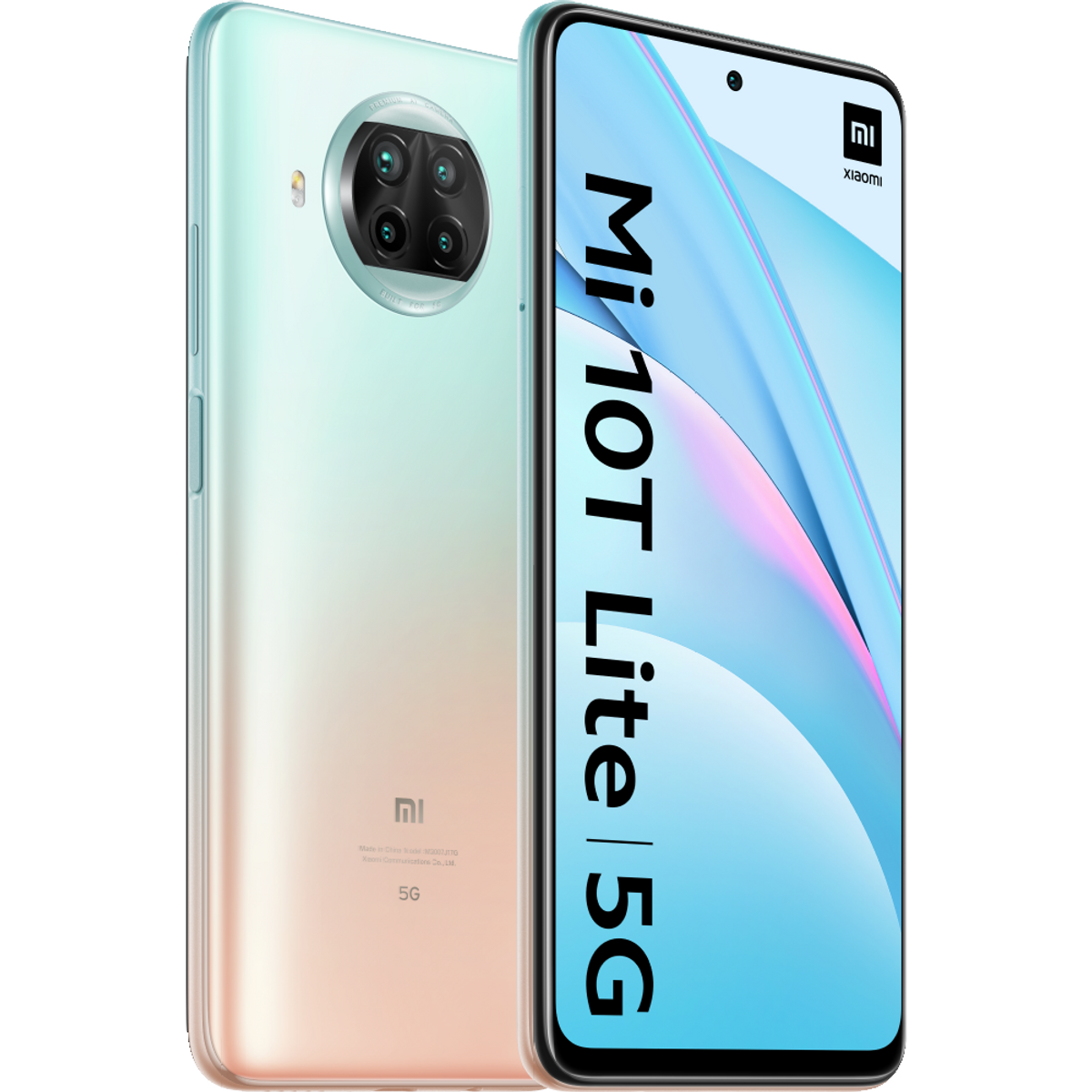 Smartfon z wielokolorowym tyłem i modułem aparatu, ekran z tekstem.