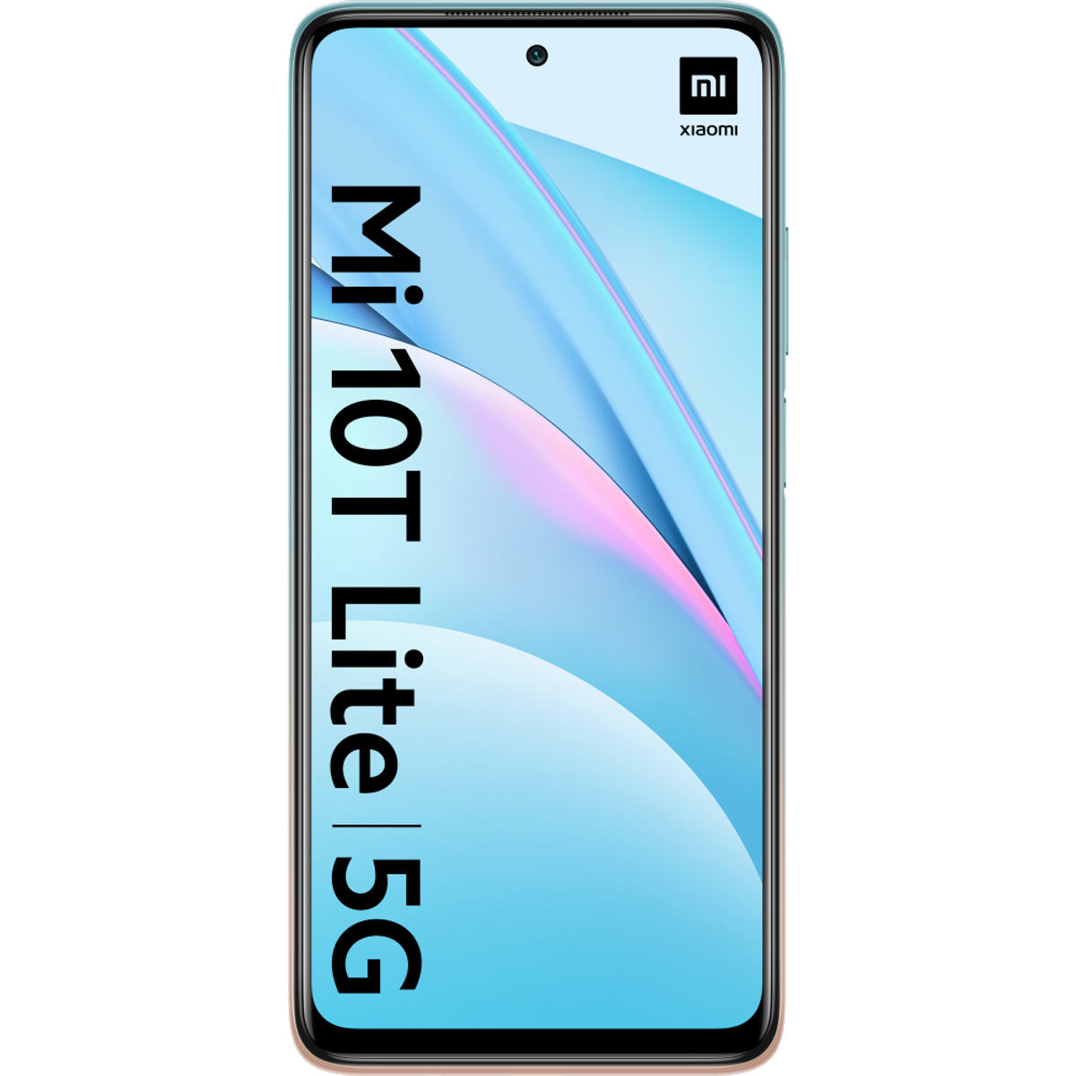 Widok z przodu turkusowego telefonu Mi 10T Lite 5G. Czarny tekst: 'Mi 10T Lite|5G'.