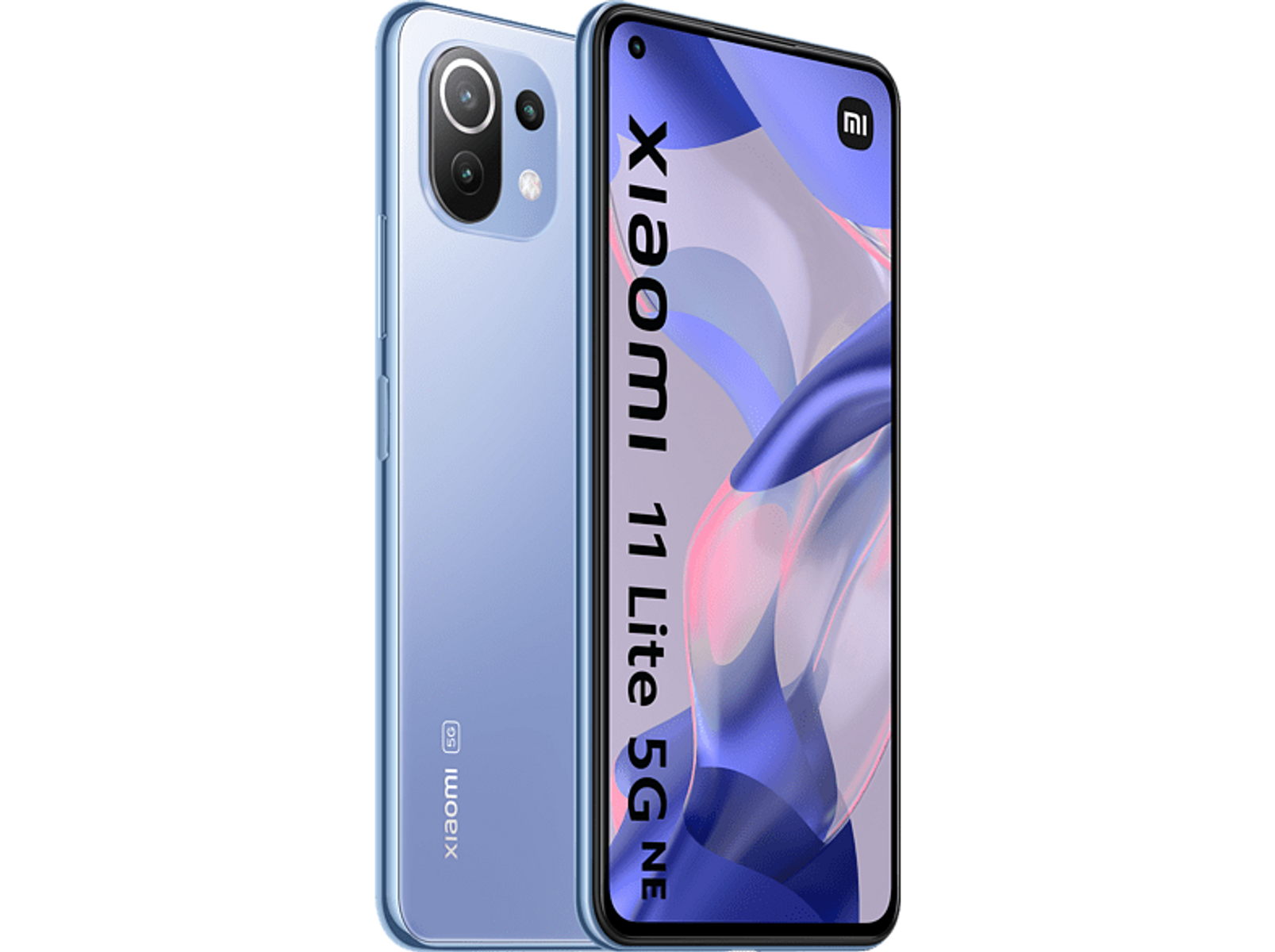 Niebieski telefon z napisem 'Xiaomi 11 Lite 5G NE' i logo Xiaomi jest wyświetlany na ekranie.
