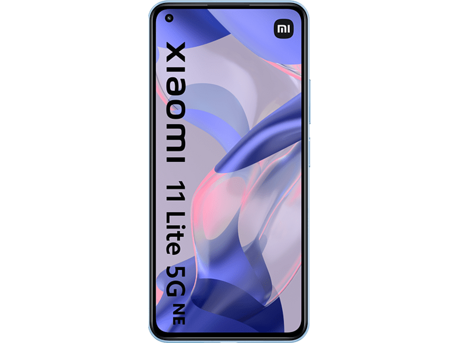 Telefon Xiaomi 11 Lite 5G NE na czarnym tle. Telefon jest jasnoniebieski z tekstem.