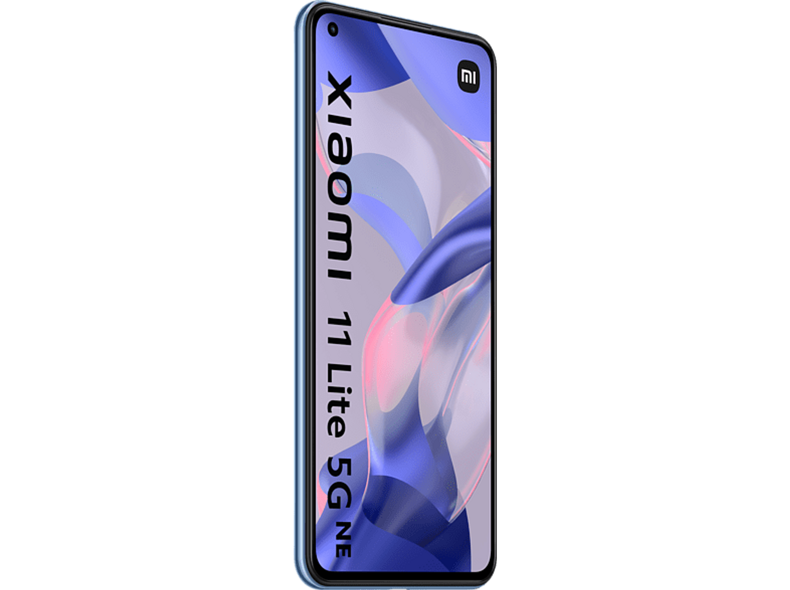 Niebieski smartfon Xiaomi 11 Lite 5G NE. Ma nazwę telefonu wydrukowaną na ekranie.