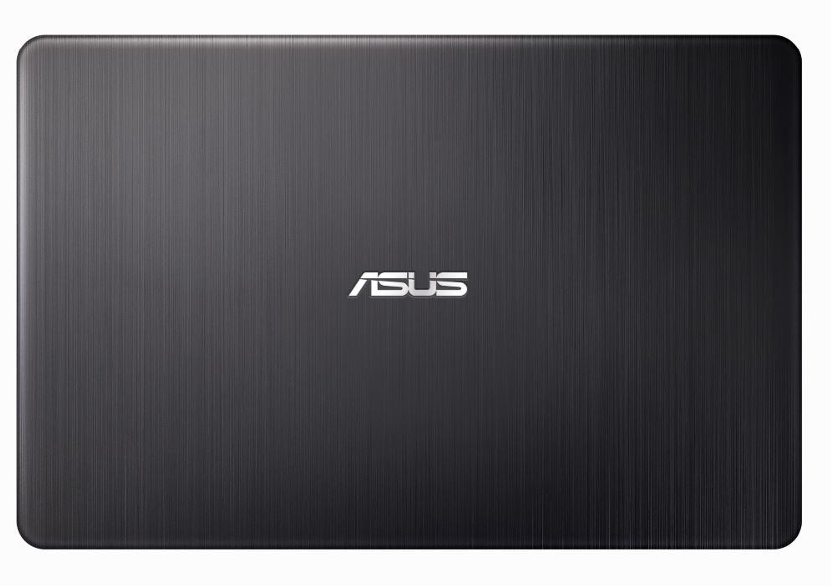 Laptop negro con logo ASUS en la parte superior. Superficie con textura de metal cepillado. Fondo blanco.