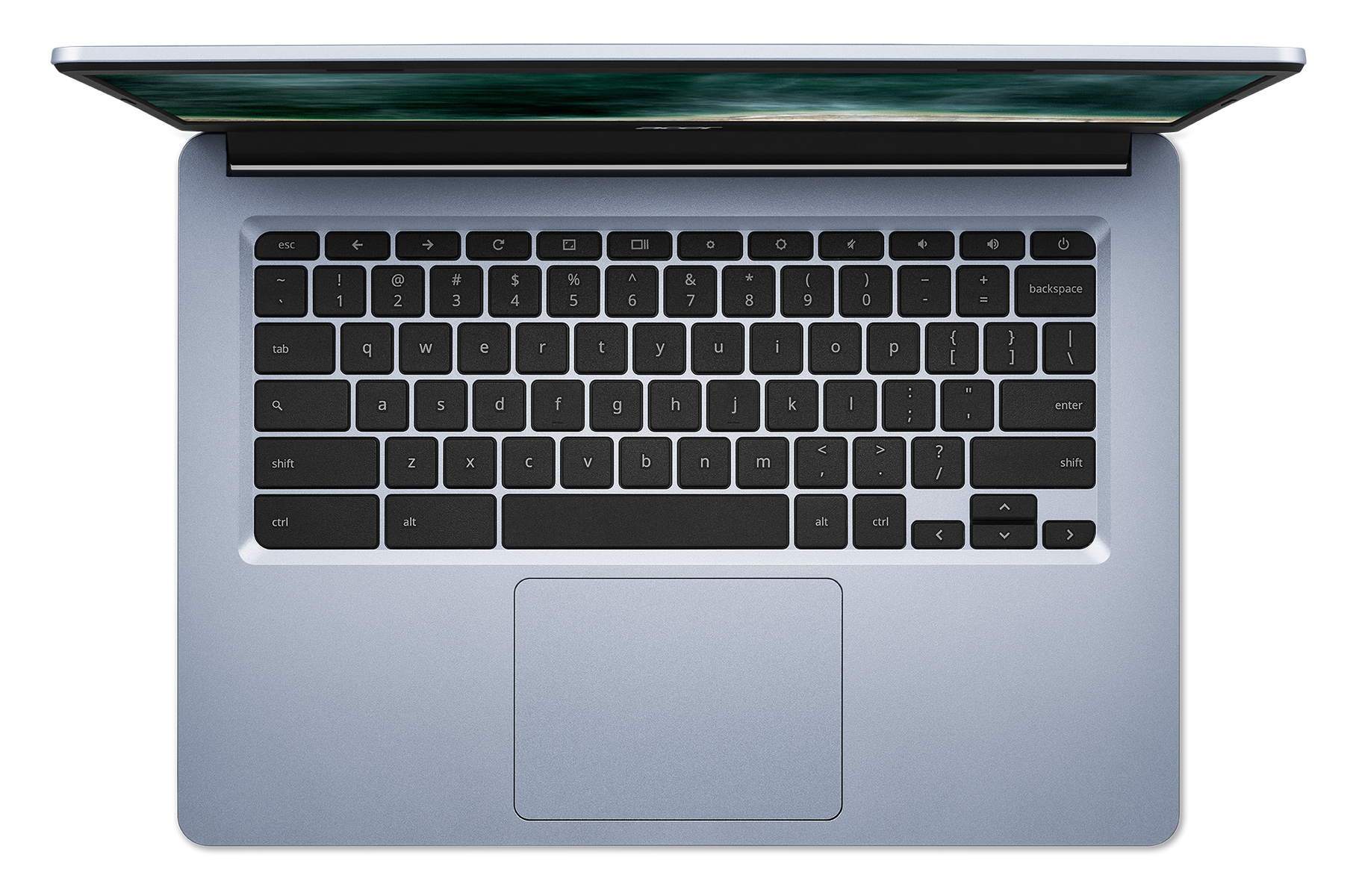 Ein Laptop mit offenem Bildschirm und Tastatur, von oben betrachtet. Die Tastatur ist schwarz, der Rahmen blau.