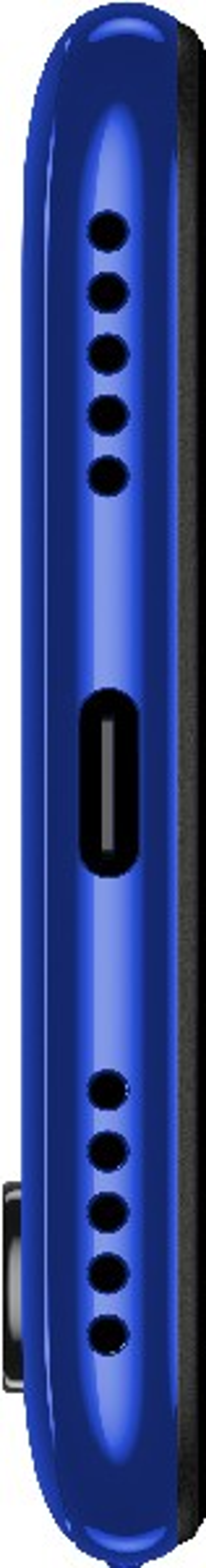 Blaue Telefonseite mit Lautsprechern, Ladeanschluss und angeschlossenem Ladekabel.