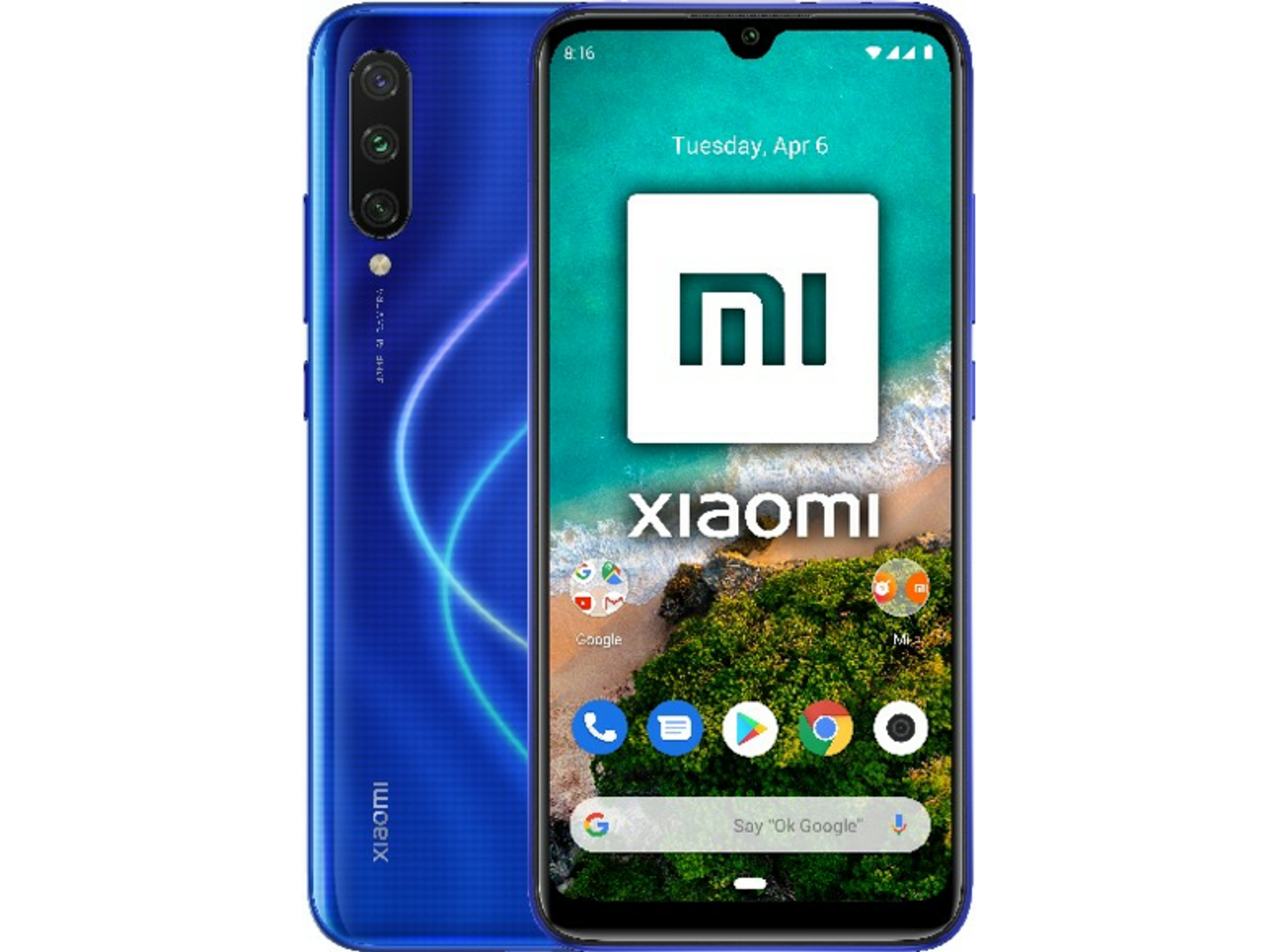 Blaues Smartphone, Vorder- und Rückansicht. Bildschirm zeigt Zeit und Apps. Dual-Kamera.