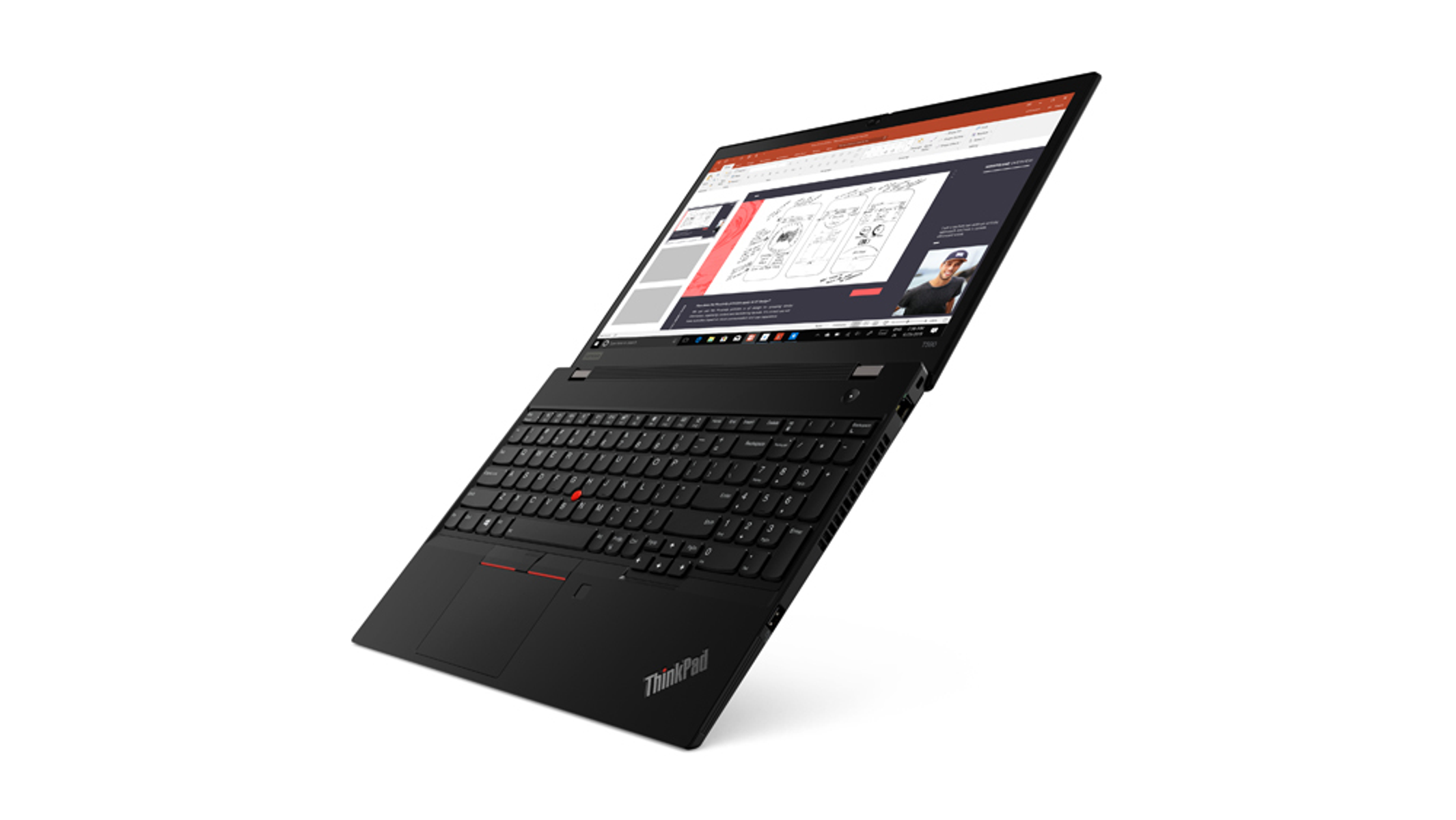 Schwarzer Laptop auf weißem Grund, Bildschirm zeigt Präsentation. Abgewinkelte Ansicht, Tastatur sichtbar.