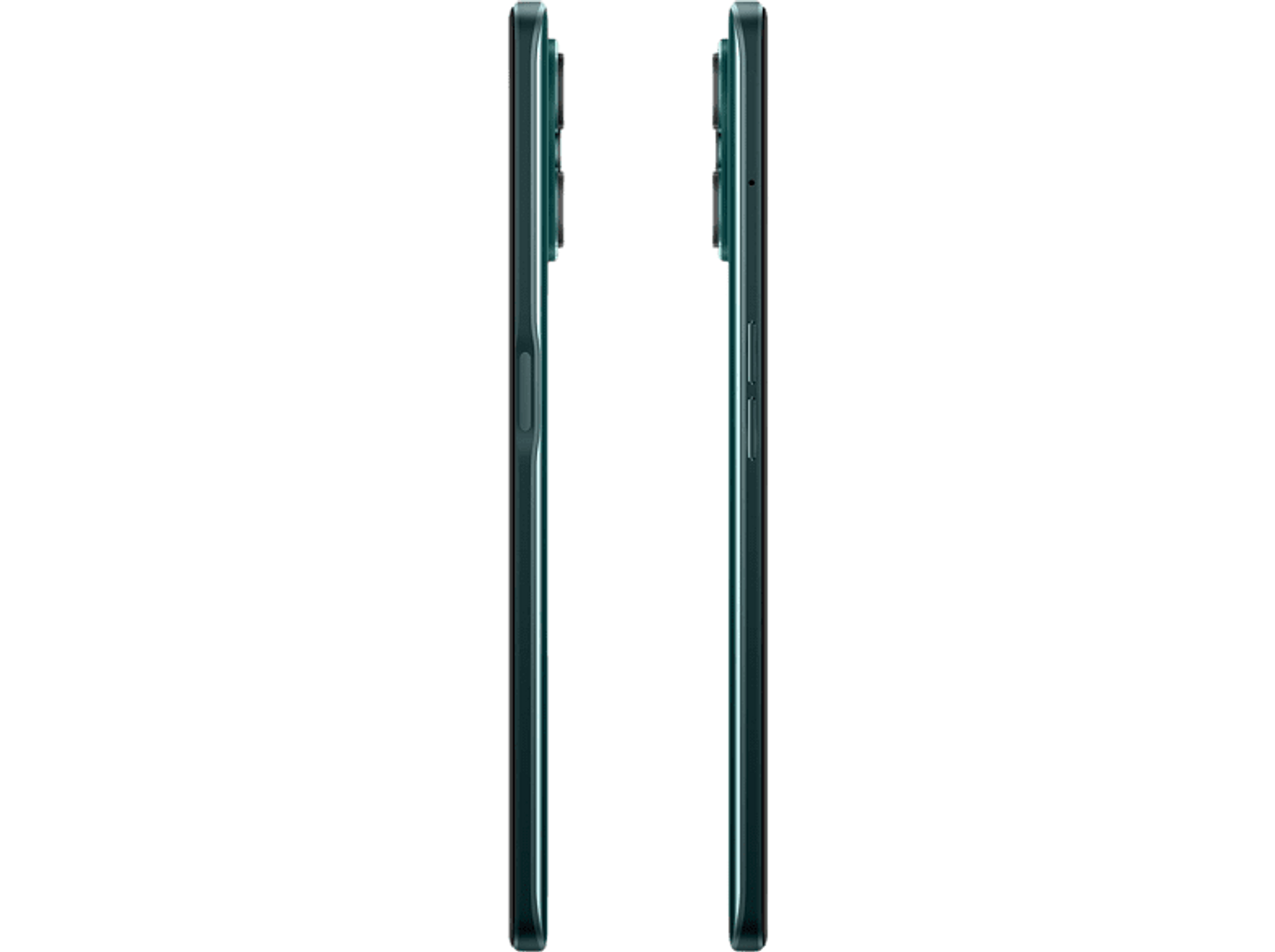 Twee telefoons naast elkaar, zijaanzicht. Groene kleur. Zwarte achtergrond.