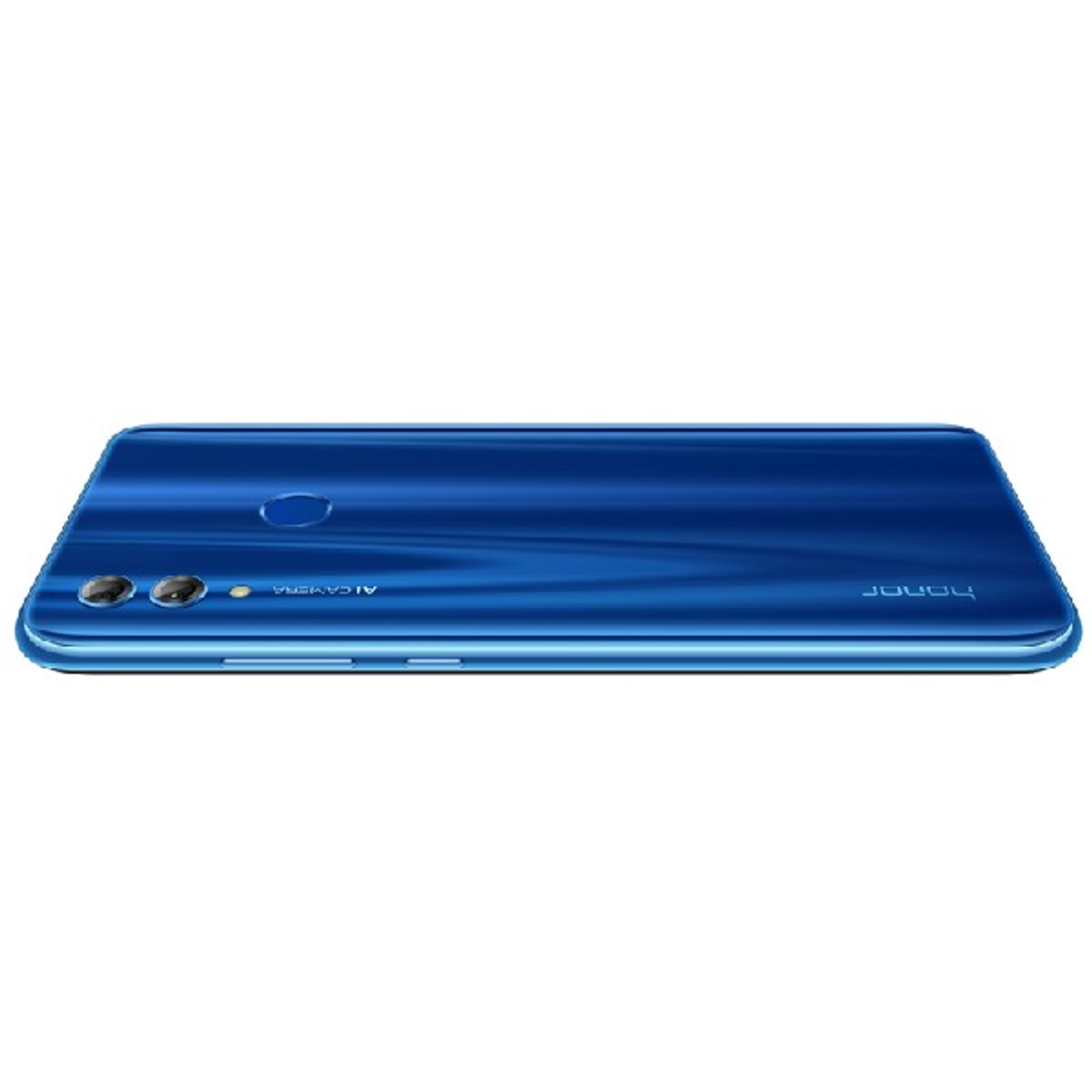 Blaue Smartphone-Rückseite mit Kameras und Logo. Schlankes Design.