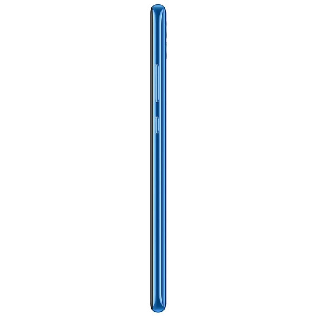 Blaue Smartphone-Seitenansicht, Knöpfe sichtbar. Solider weißer Hintergrund.