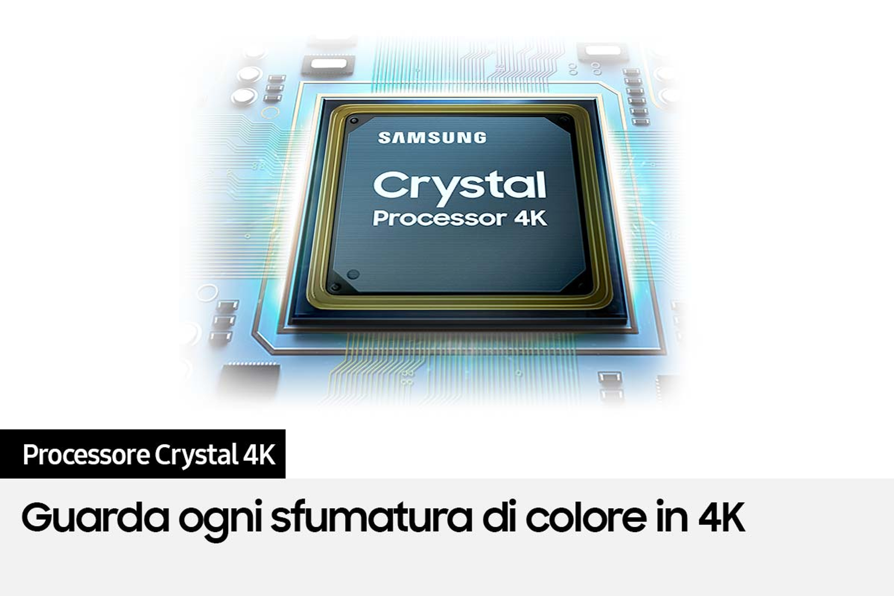 Primo piano di un chip Samsung Crystal Processor 4K con testo 'Crystal Processor 4K'.