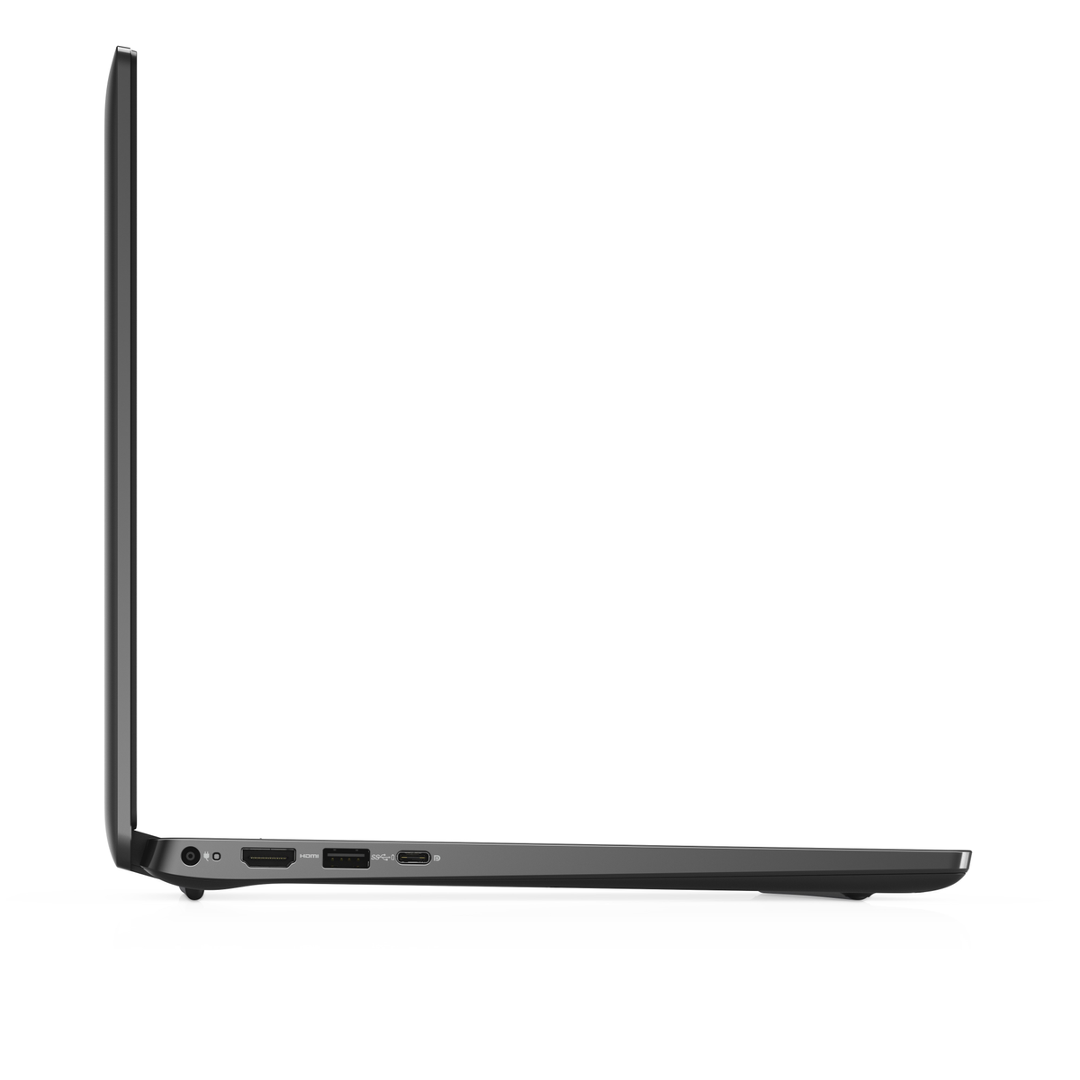 Schwarzer Laptop, Seitenansicht. Schlankes Design, Anschlüsse an der Seite. Dunkle Farbe. Weißer Hintergrund. Geöffnet.