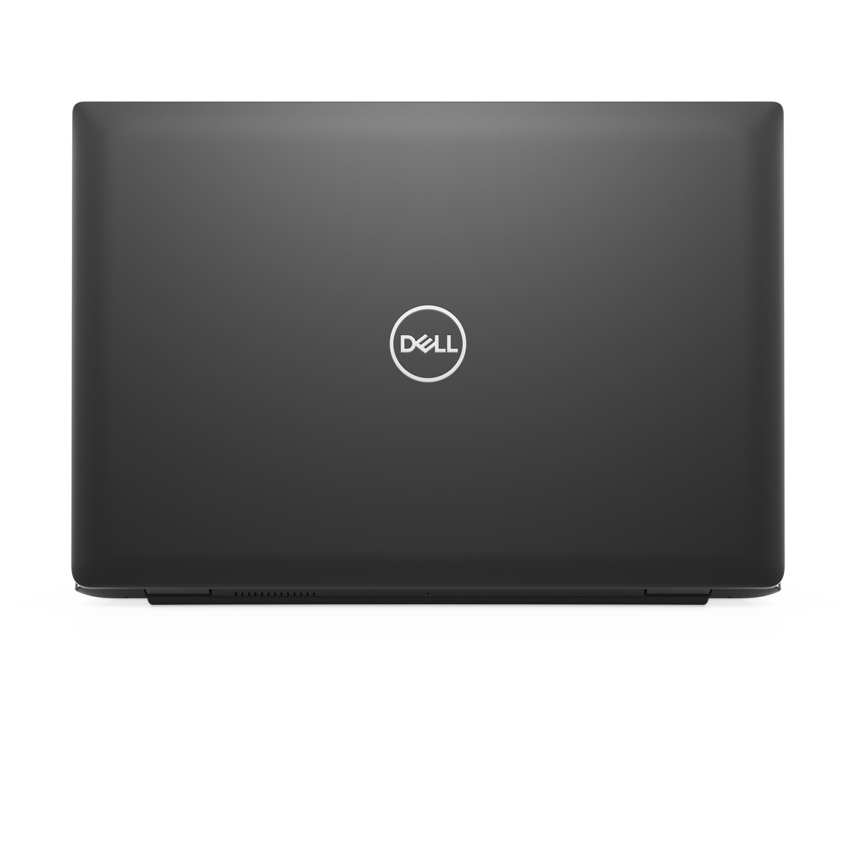 Dell Laptop-Rückseite. Schwarz mit Dell-Logo in der Mitte.