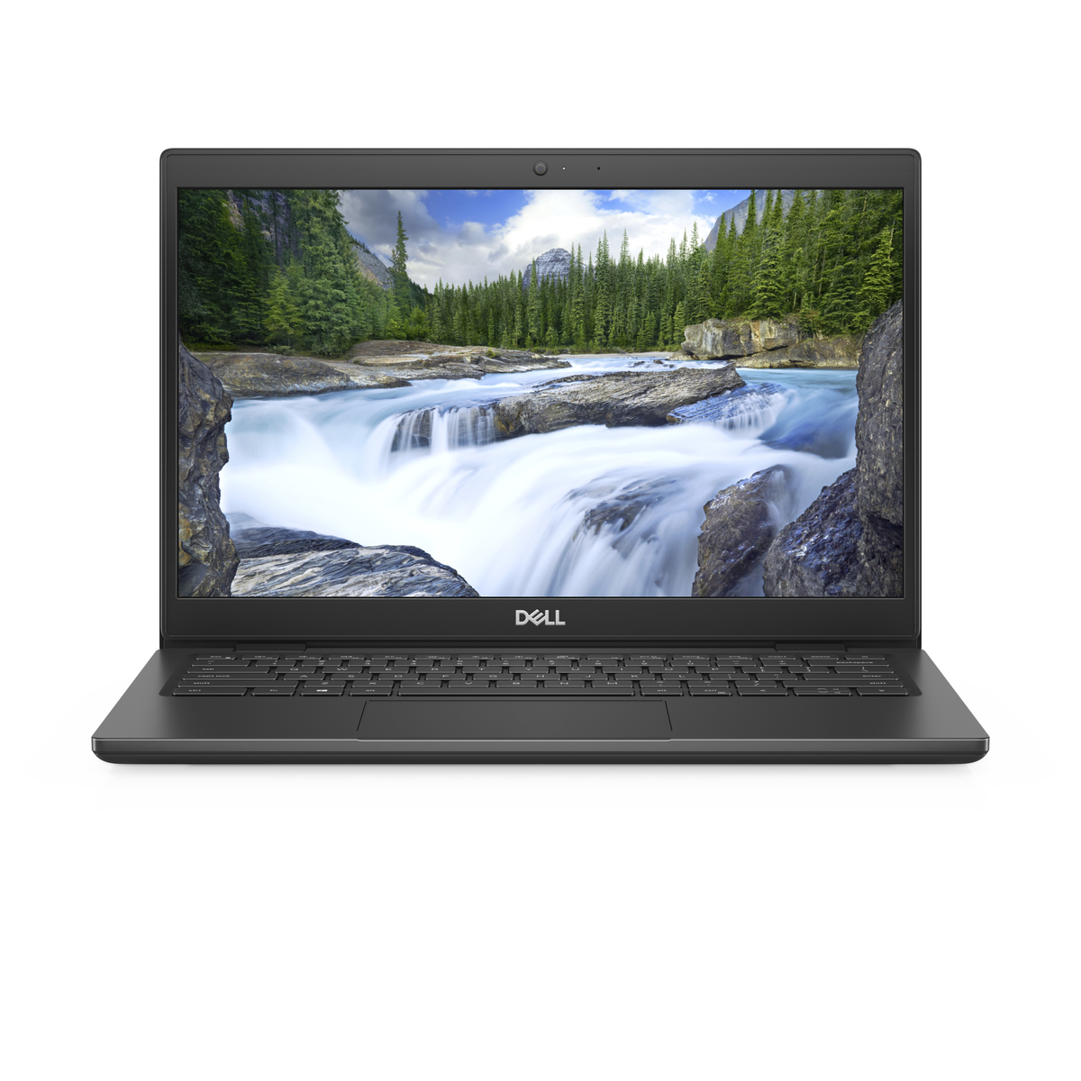 Schwarzer Dell-Laptop, offen, auf einem Tisch, Bildschirm mit Wasserfall.