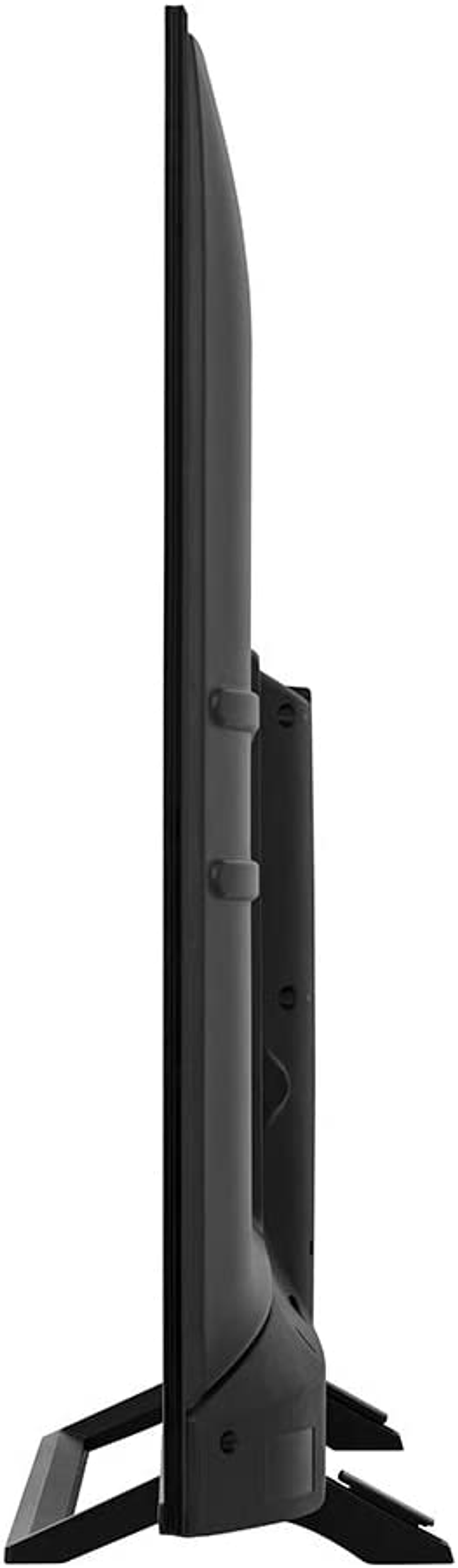 Widok z boku czarnego telewizora na stojaku. Elegancki design, smukły profil.
