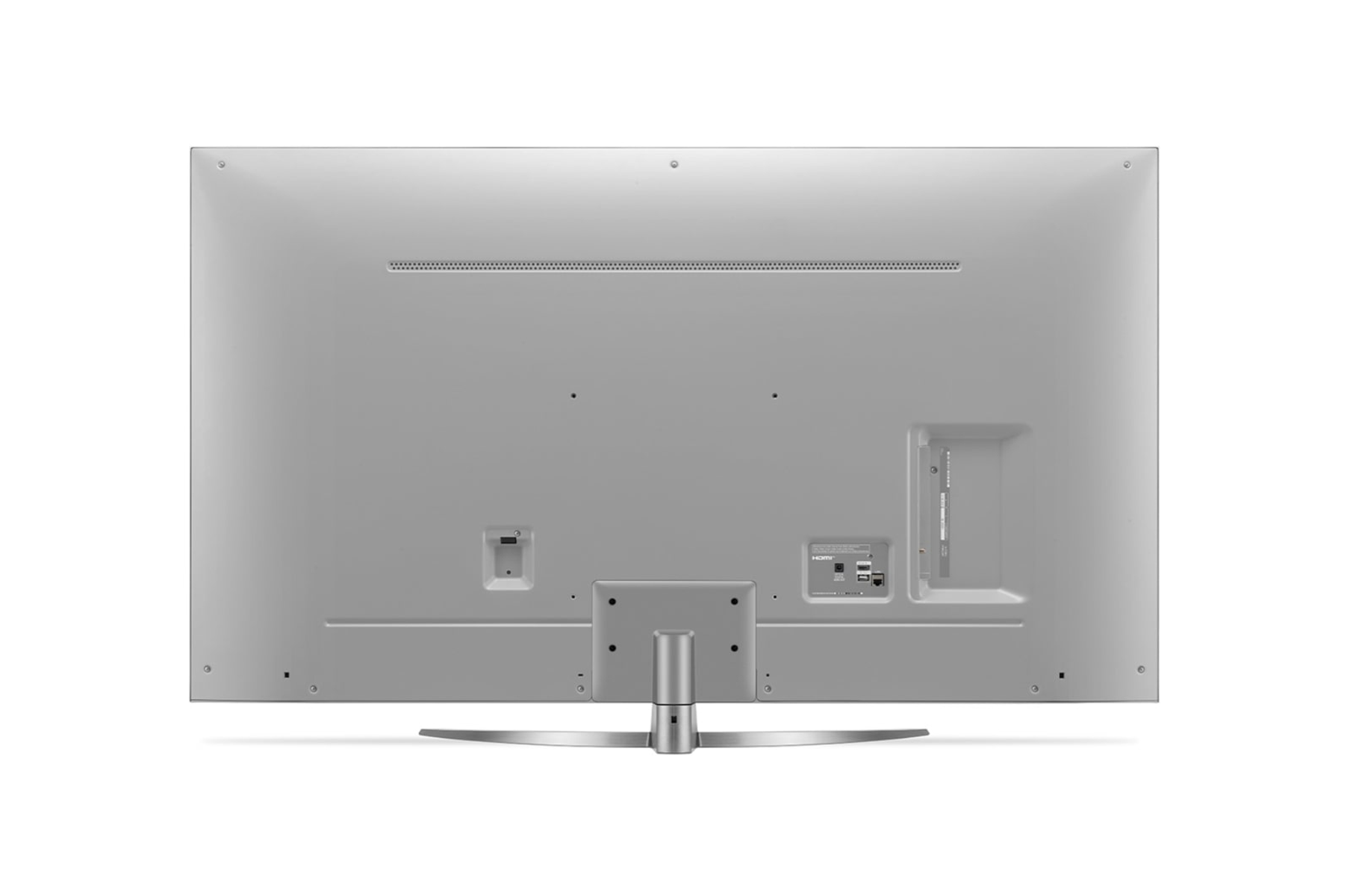 Widok z tyłu telewizora na białym tle. Pokazuje porty, stojak i logo LG.