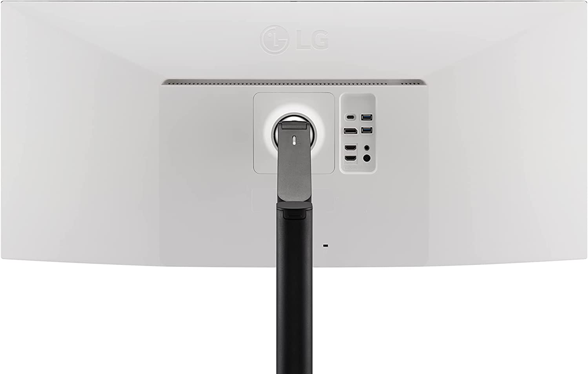 Retro di un monitor bianco, con porte e attacco per supporto.