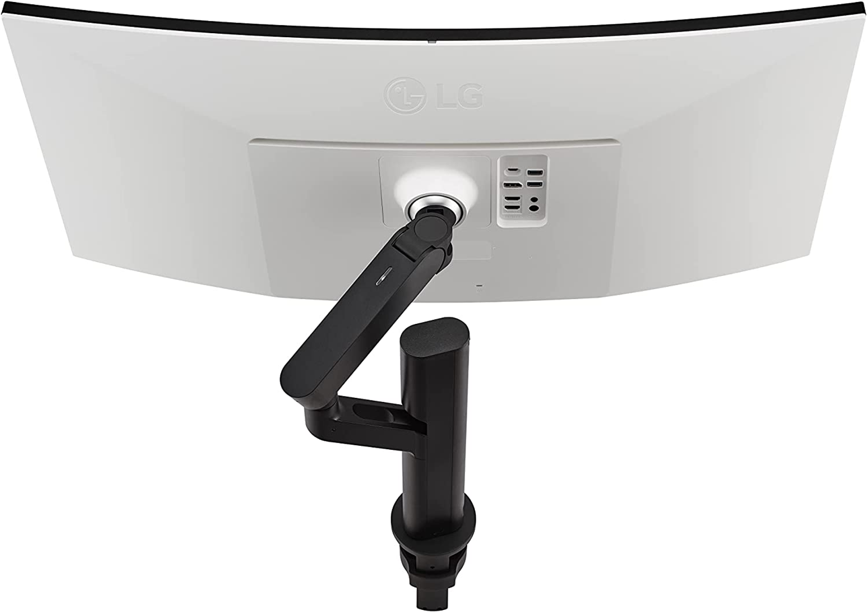 Monitor bianco curvo, vista posteriore. Braccio e supporto neri. Sfondo bianco.
