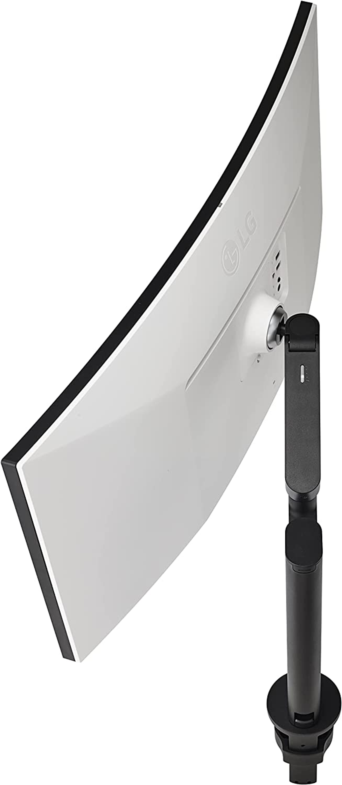 Monitor LG curvo, retro bianco con supporto nero. Braccio nero. Design moderno. Vista angolata.