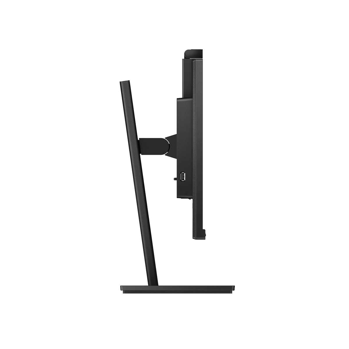 Widok z boku czarnego monitora z podstawą. Białe tło.