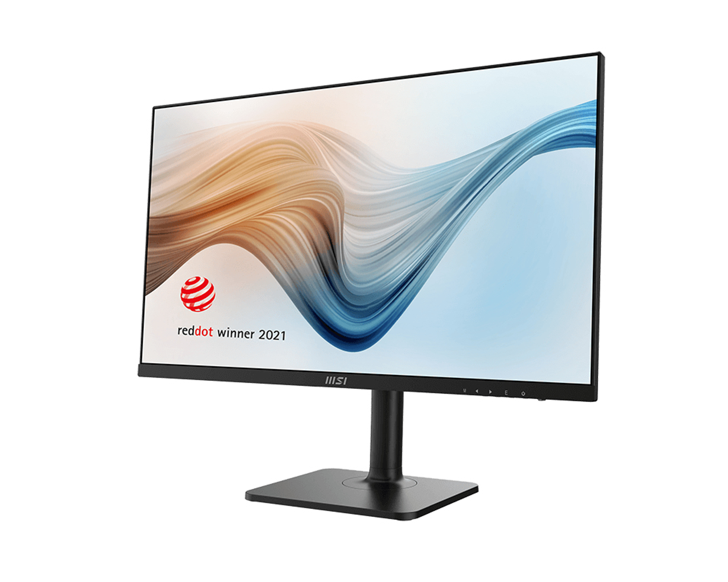 Monitor MSI con grafica occhio, premio red dot. Supporto nero, sfondo bianco. Testo: Business Monitor.