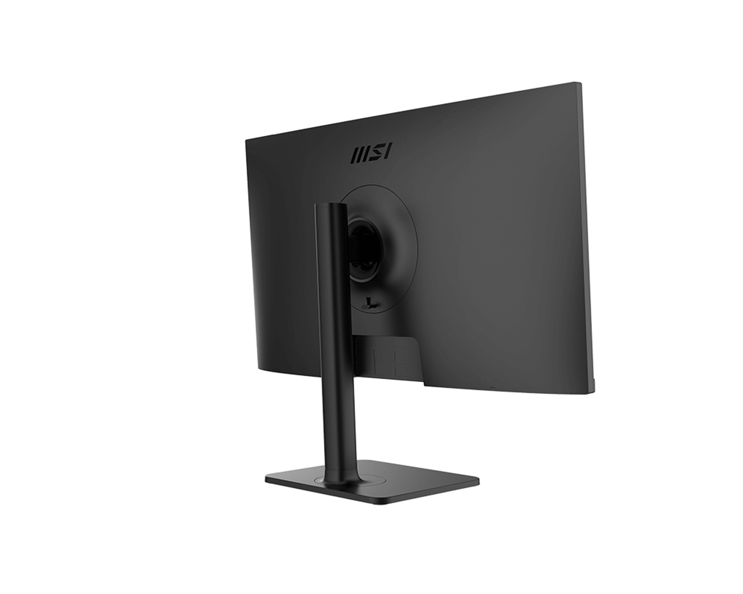 Vista posteriore di un monitor MSI nero, con supporto, su sfondo bianco.