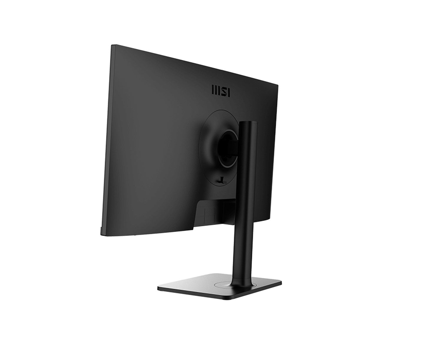 Vista posteriore angolata di un monitor MSI nero con supporto. Logo MSI in alto.