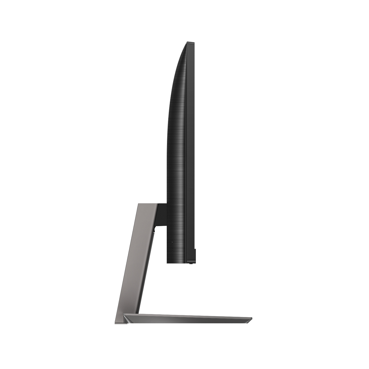 Una vista laterale di un monitor nero e grigio su sfondo bianco.