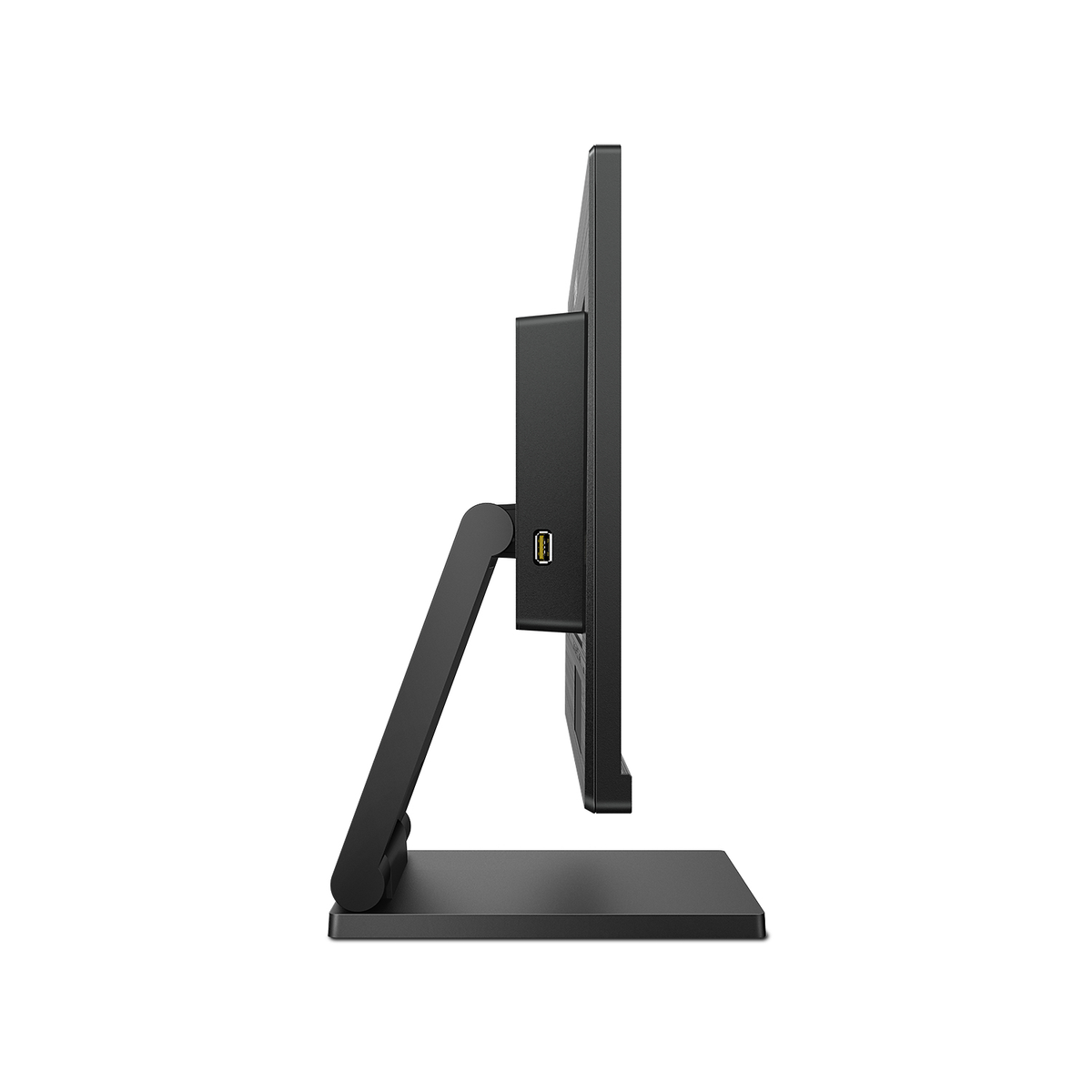 Monitor, widok z boku. Czarna ramka, czarna podstawa. Port USB widoczny. Czarna podstawa, czarne tło.