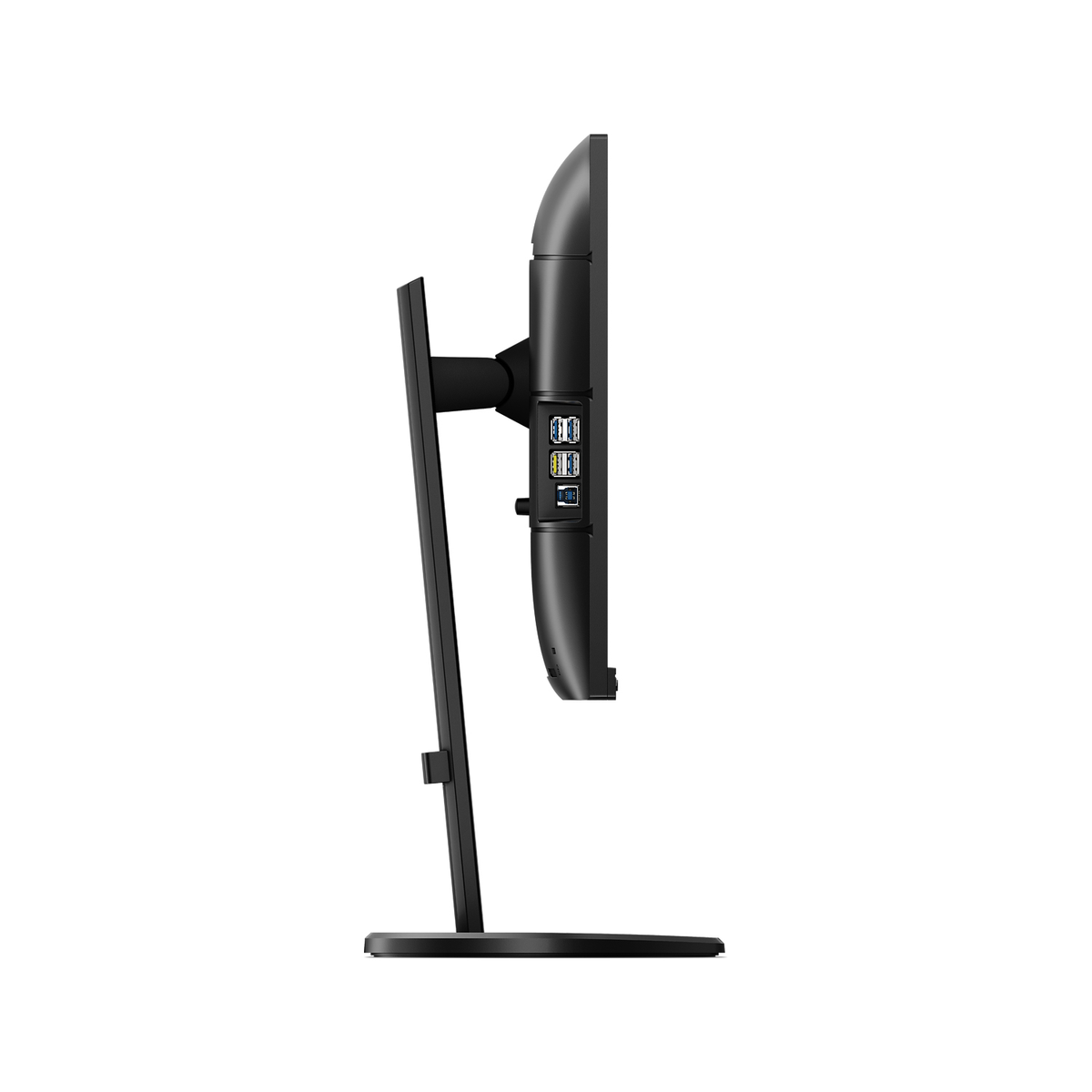 Widok z boku czarnego monitora. Ma wiele portów i podstawkę. Czarna ramka.