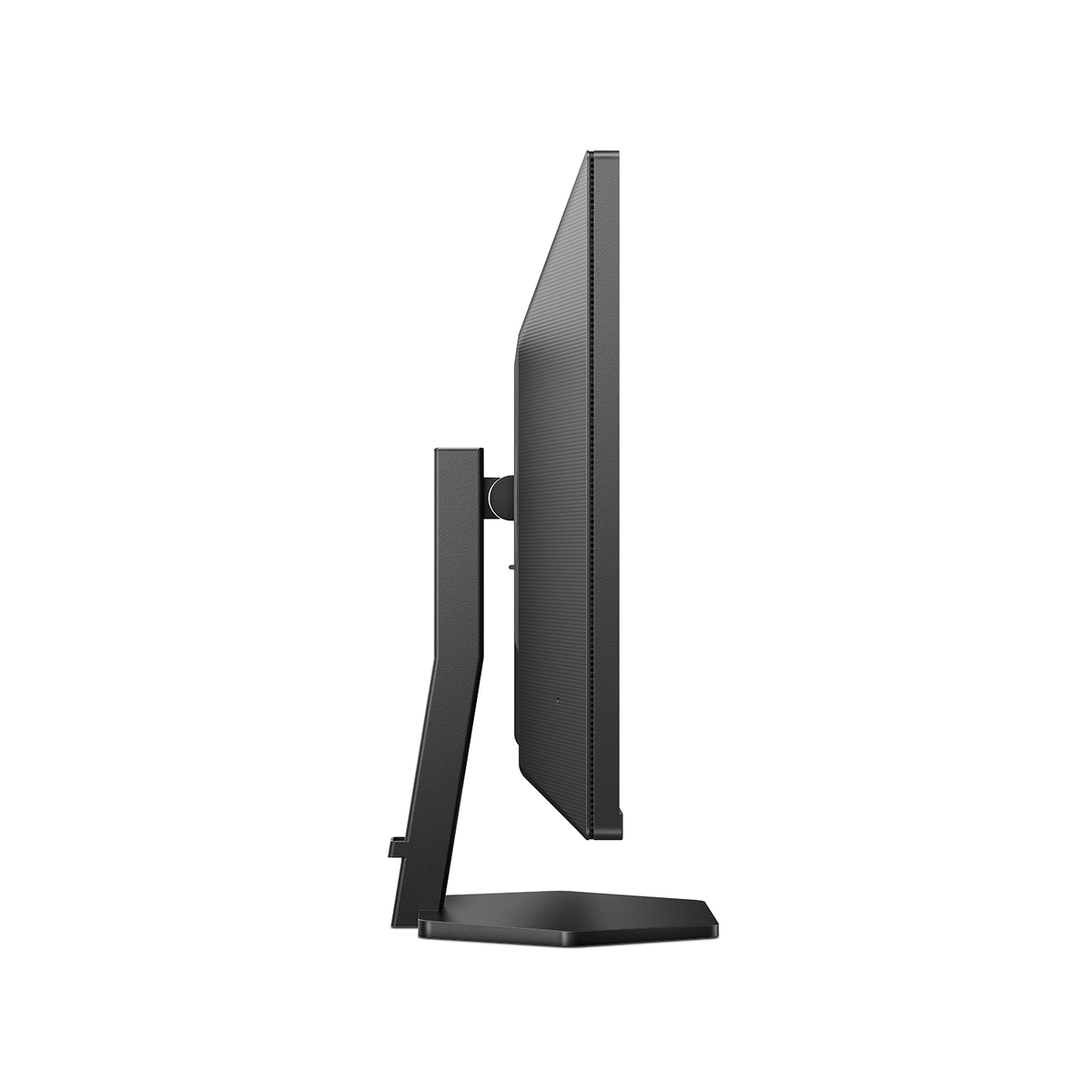 Vista laterale di un monitor nero su un supporto, che mostra lo schermo e la cornice.