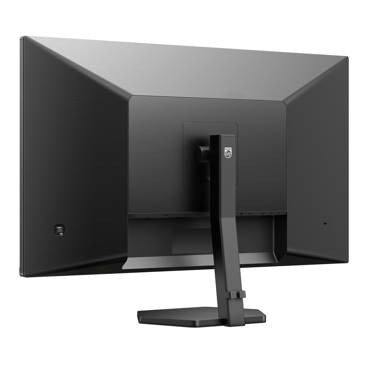 Vista posteriore di un monitor Philips nero. Ha una parte posteriore quadrata e un supporto nero. Il logo Philips è visibile.