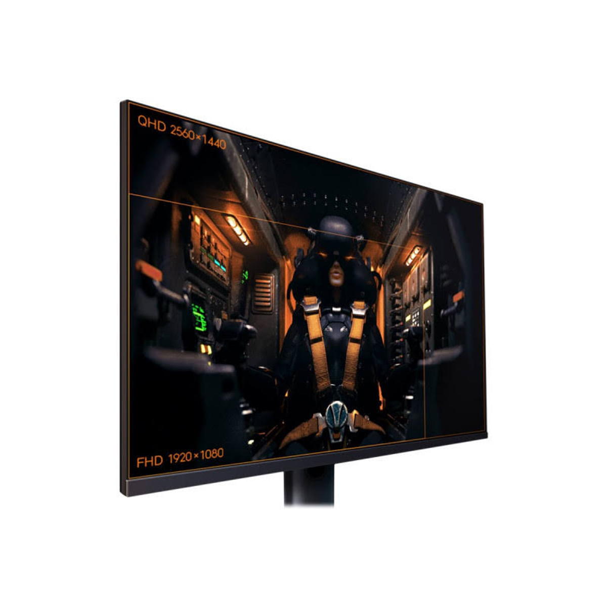 Monitor wyświetla scenę z gry. Widoczne etykiety rozdzielczości QHD i FHD. Białe tło.