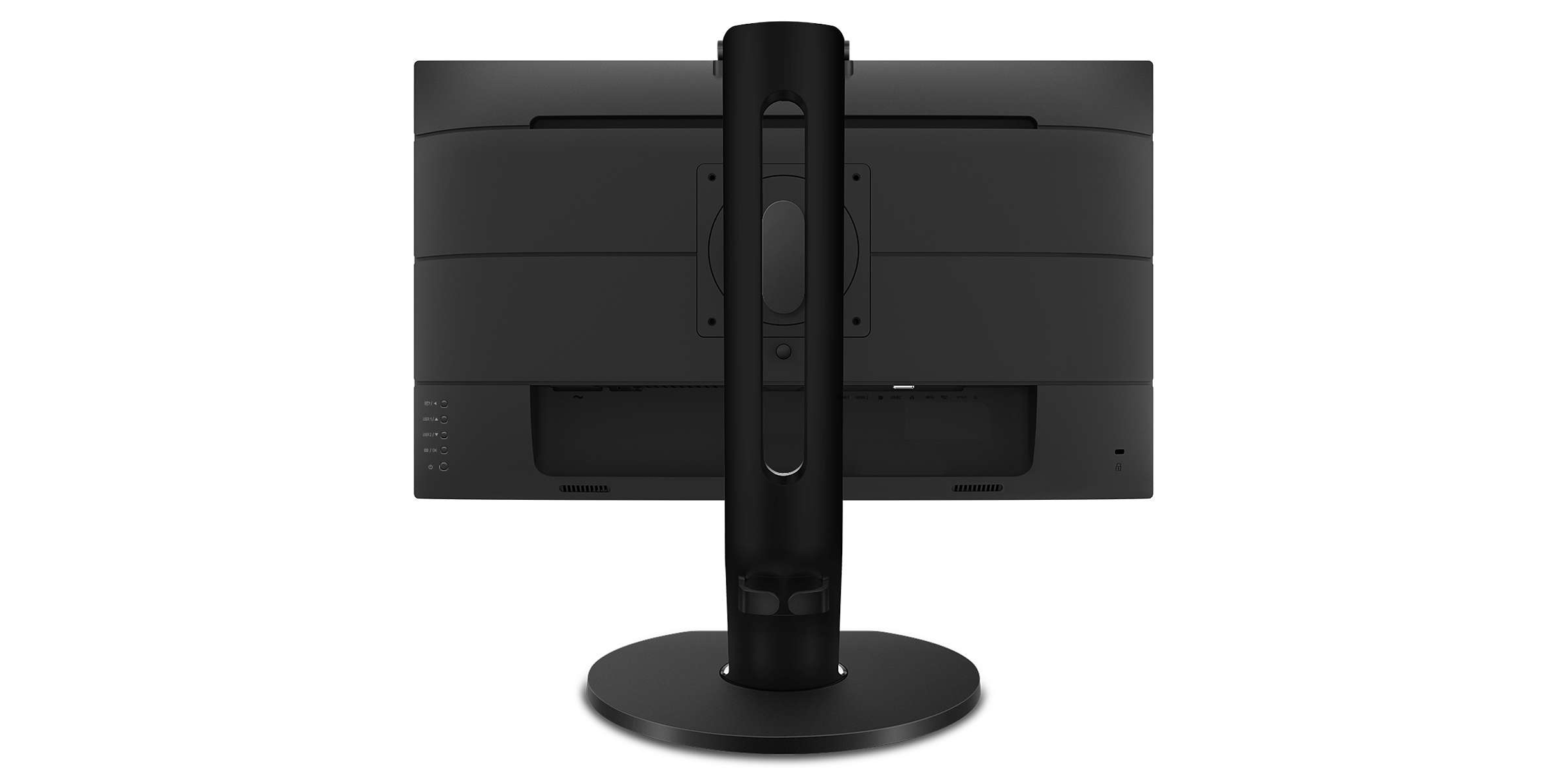 Retro di un monitor nero, con supporto. Sono visibili più porte di ingresso e uscita.